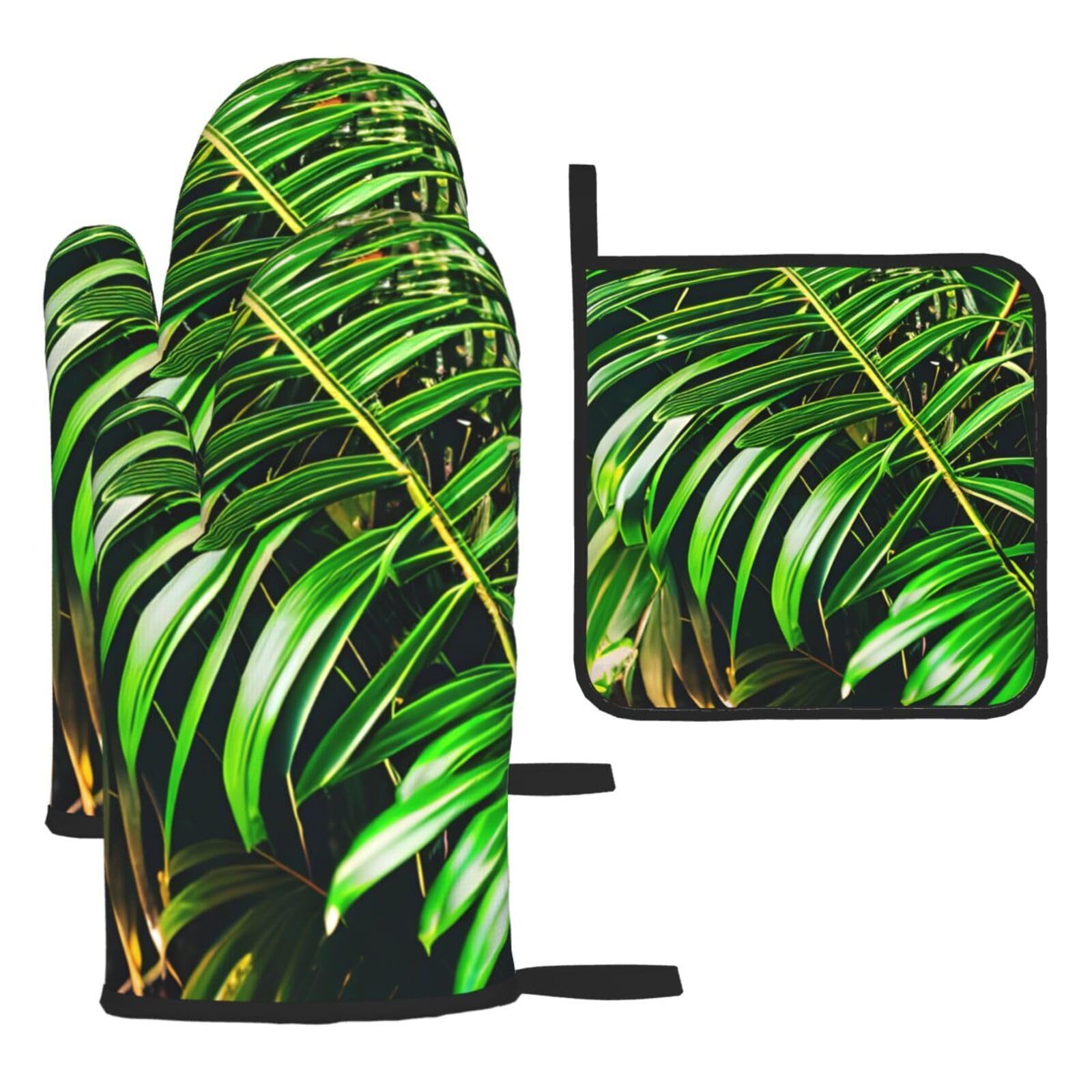 Palm Tree Green Leaves Print Oven Mitts Kitchen Gloves Set Everyday Baking Grilling Microwaving Cooking Gift