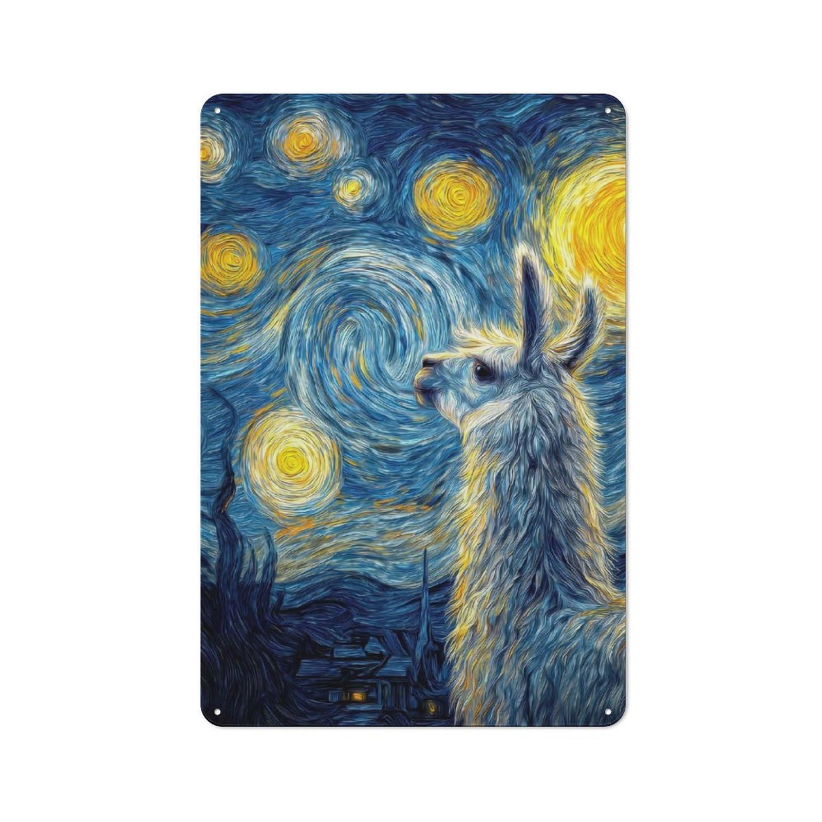 Junmoney Llama In Starry Night Style For Café Or Restaurant, Vintage Metal Sign 30X20cm, For Vintage Wall Decor Fans, For Cafés, Pubs And Restaurants