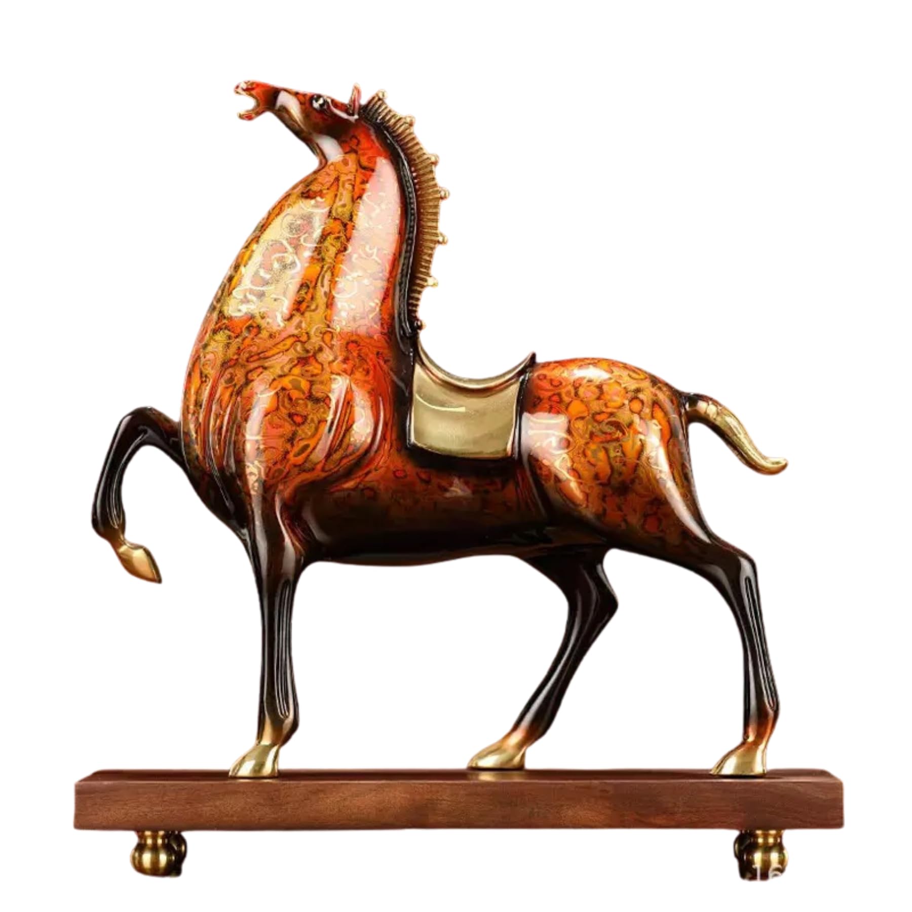 Aottsd 12.2" Colorful Enamel Bronze Horse Sculpture Wooden Base Collectible Home Decor 9.8In