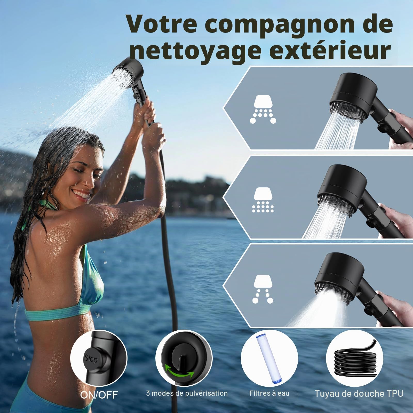 Douche portable pour camping, sac de douche de 20 litres pour le camping avec sac en maille, pompe à pied améliorée et pommeau de douche portable offrant une expérience de douche à domicile