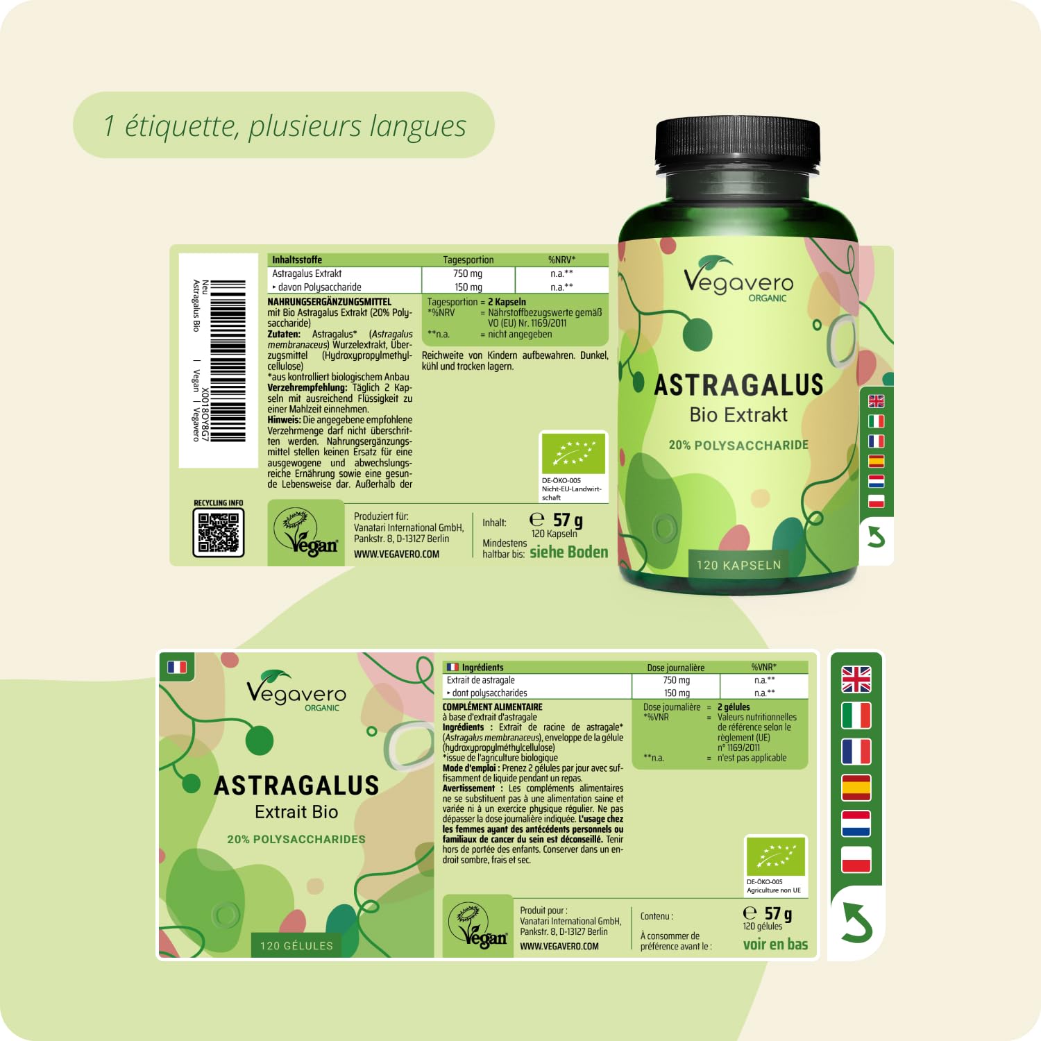 Astragale BIO Vegavero® | Qualité PREMIUM : 20% Polysaccharides | 750 mg Extrait Astragalus (15:1) | Immunité + Anti Stress | 120 Gélules | VEGAN