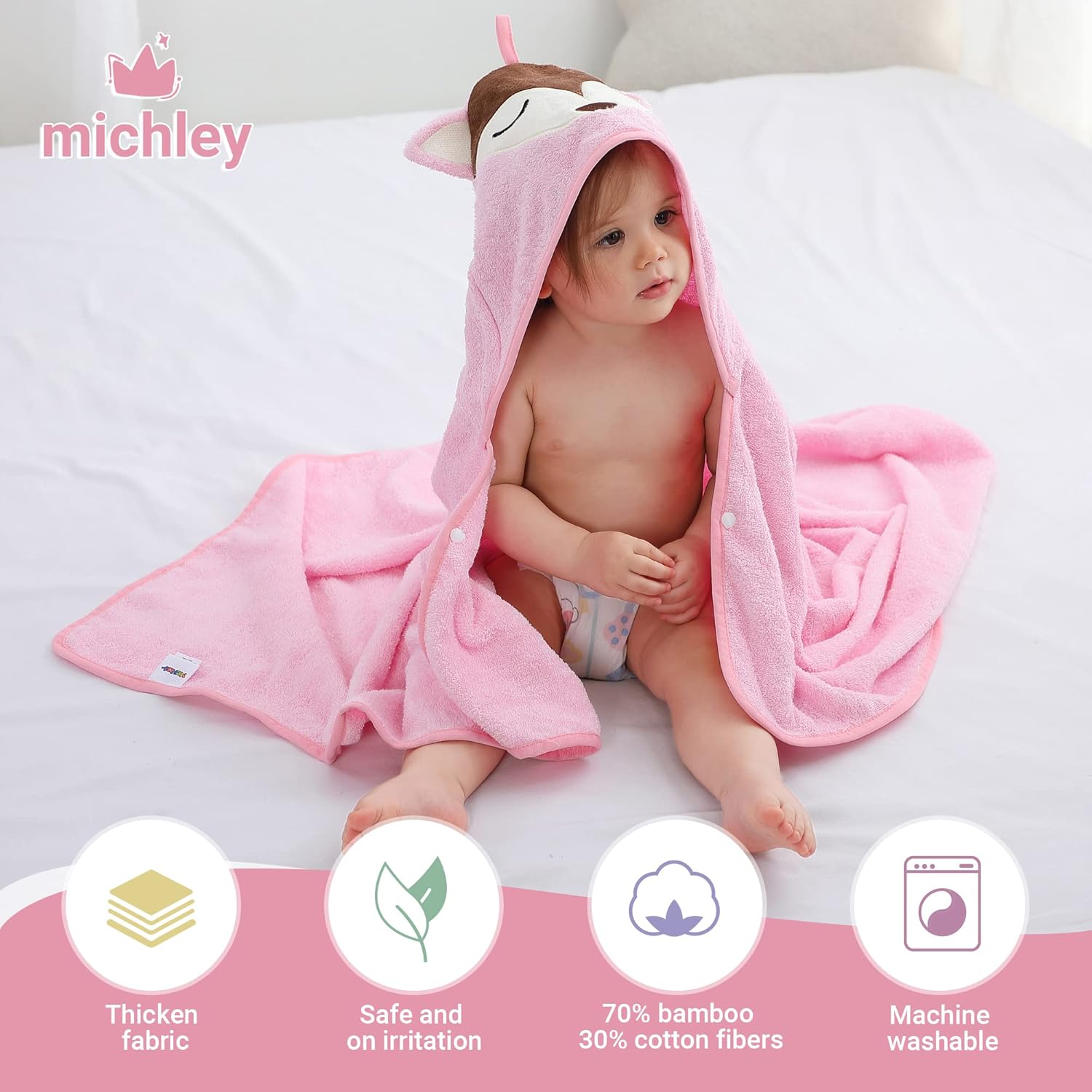 MICHLEY Bamboo Viscose Baby Hooded Bath Towel for 0-5 Years Boys and Girls, 29.5 x 39.5 Inch Ultra-Soft and Quick-drying Infant Bath (Pink Fox)