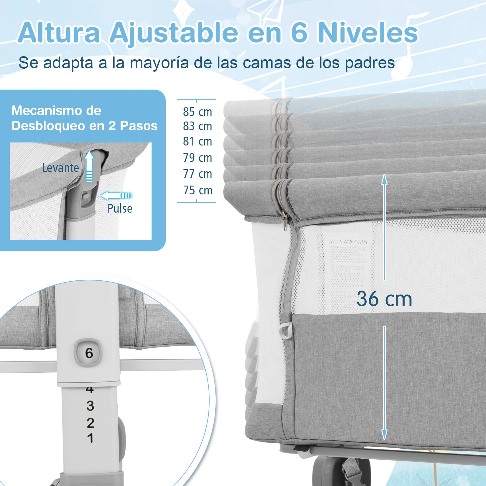 COSTWAY Cuna Colecho, Mini Cuna para Bebe con Altura Ajustable de 6 Niveles, Estante, Ruedas Bloqueables, Colchón y Bolsa de Transporte (Gris Ligero)