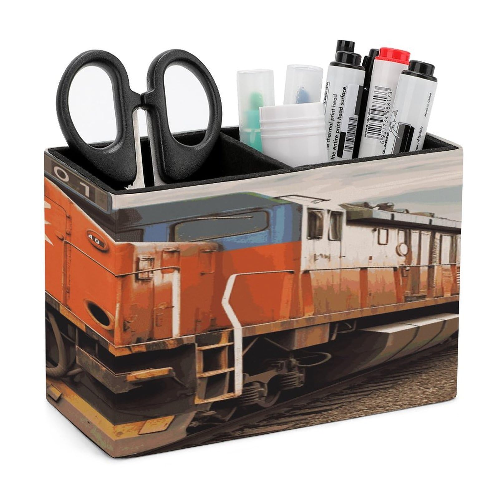 VstaDank Train Pencil Holder for Desk(Double Slots) Fashion Leather Pencil Cup Simple Rectangular Shape Pen Holder Multi-Functional Pen Cup for Home Office Supplies Storage