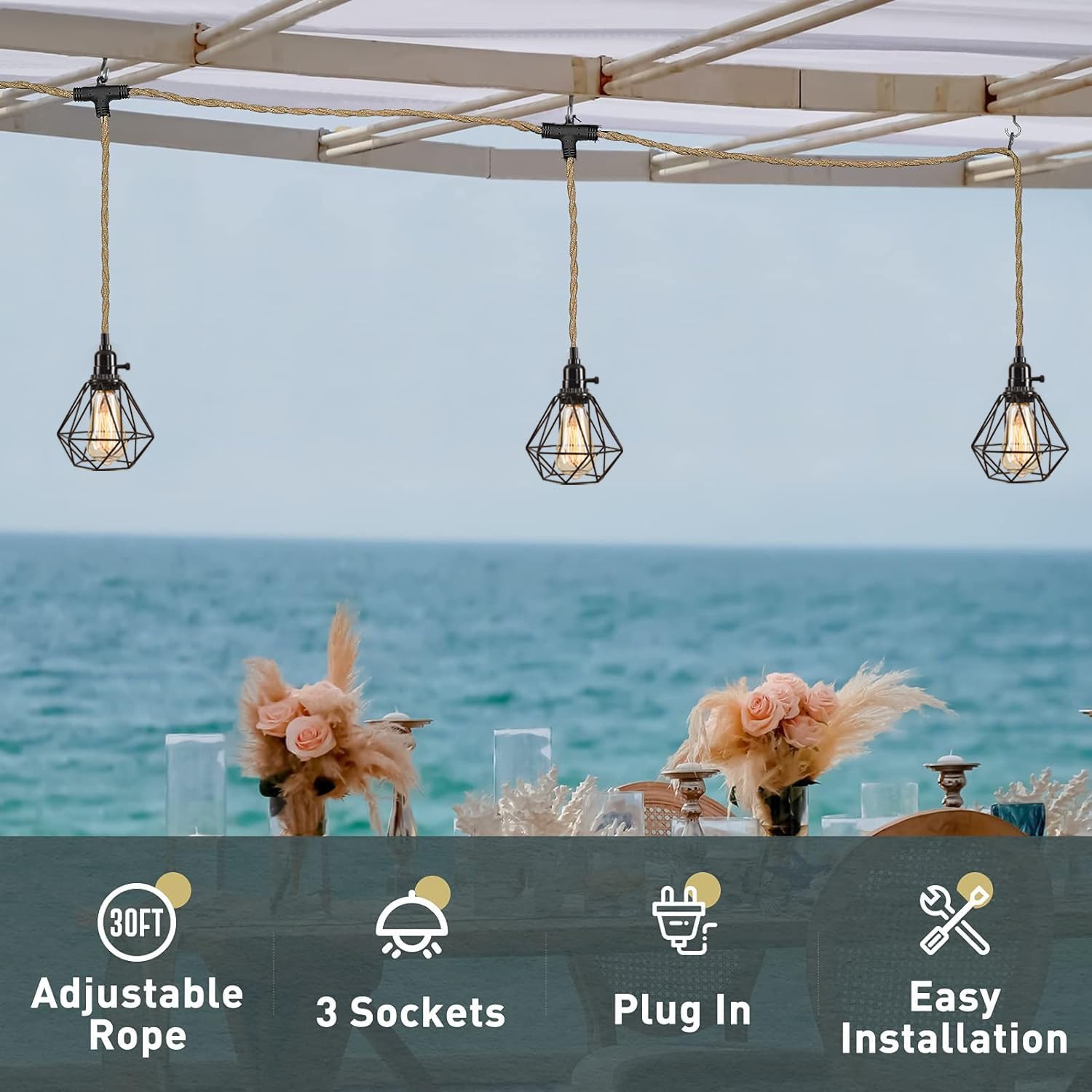 3-Light Hanging Light with Plug in Cord,Plug in Pendant Light 22ft Hemp Rope Pendant Lighting Vintage 3-Light Hanging Lamp Fixtures for Kitchen Island Living Room Bedroom