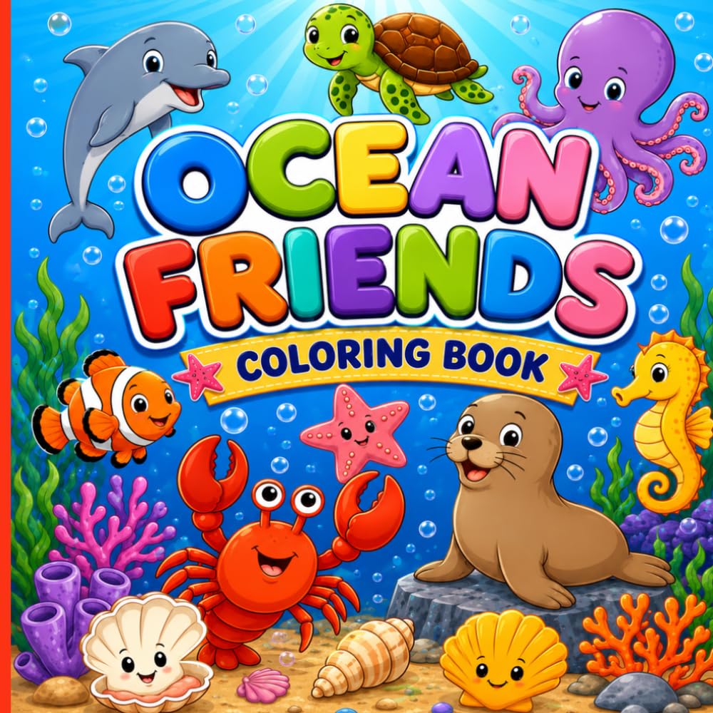 Ocean Friends Coloring Book: Cute and Easy Ocean & Beach Coloring Pages for Kids Ages 3–6 | Simple, Bold Designs for Preschoolers and Toddlers