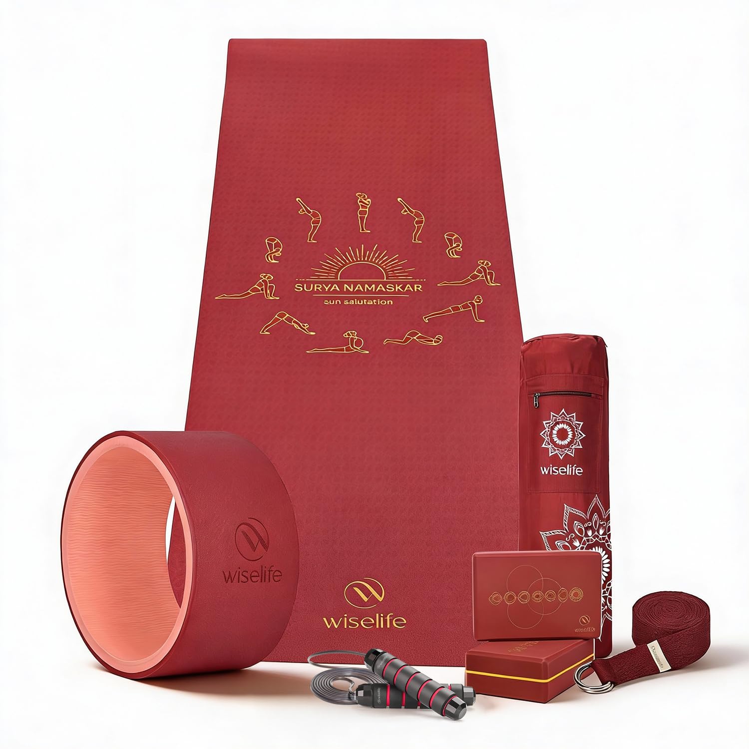 WiseLife Yoga Kit | Printed Mat, Wheel,Carry Bag,Stretch Belt ,Skipping rope & Printed Blocks | Non-Slip,Durable & Lightweight Ideal for ,Pilates,Gym,Home Workout,Fitness & Flexibility Training (Maroon)-image-27