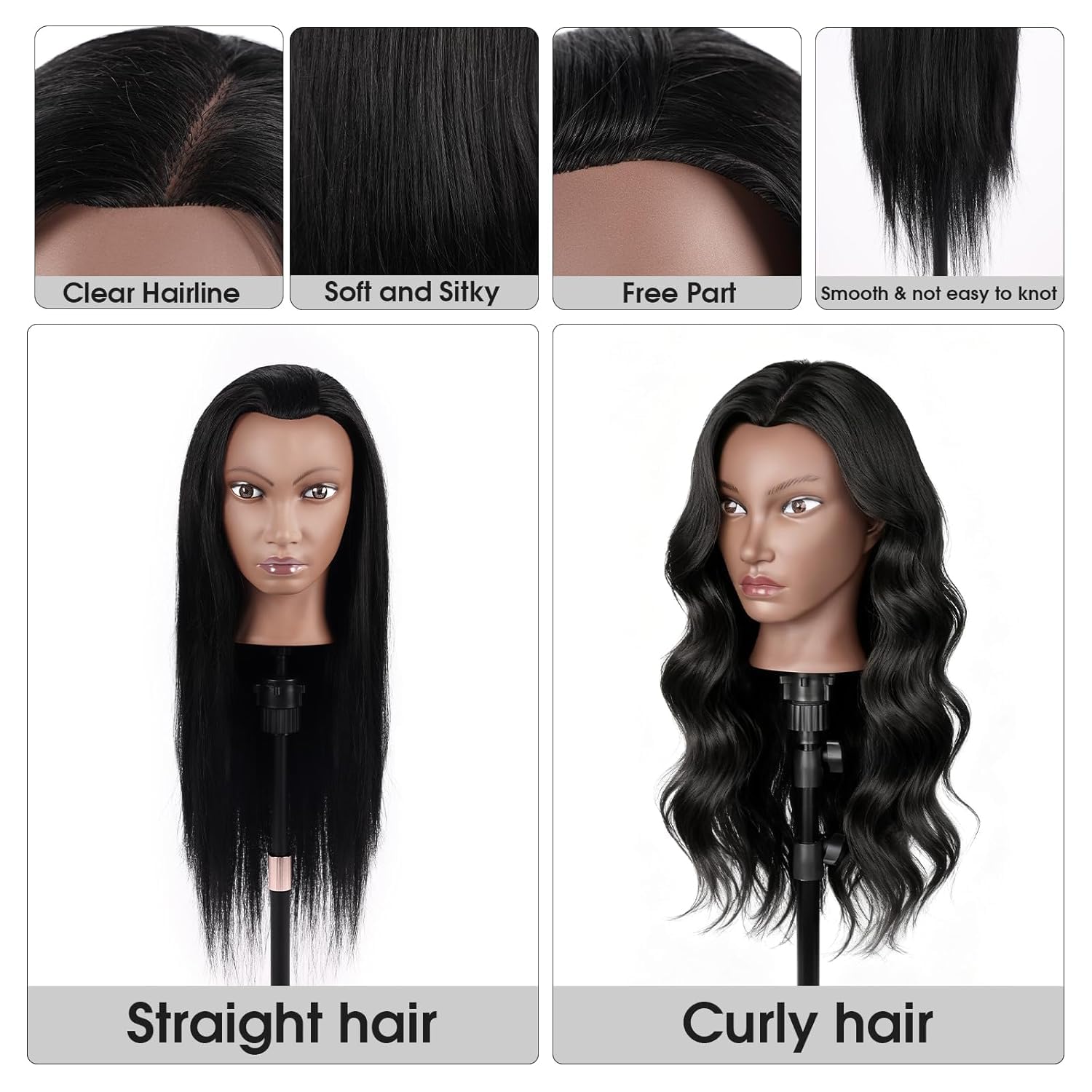 Friseur Übungskopf 100% Echthaar, 66 cm / 26 Zoll Mannequin Kopf mit Haaren, Friseurkopf Trainingskopf mit Klemme & Zubehör, Frisierpuppe für Schneiden, Flechten, Styling (Schwarz)