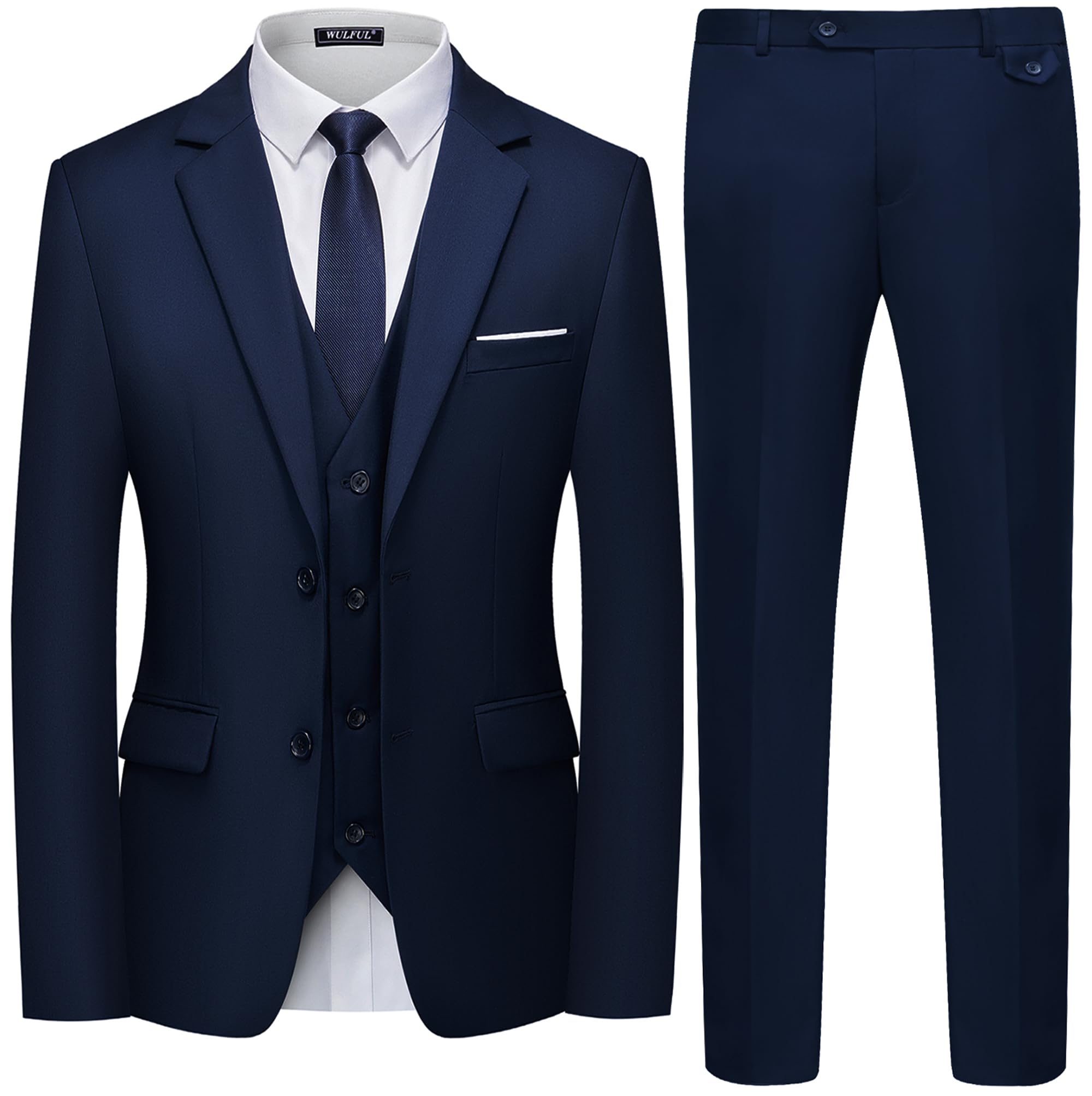 wulful Men's 3 Piece Slim Fit Suit Set Two Button Blazer Jacket Vest Pants Tuxedo Set for Party, Wedding and Business, Navy, Large-picture-22