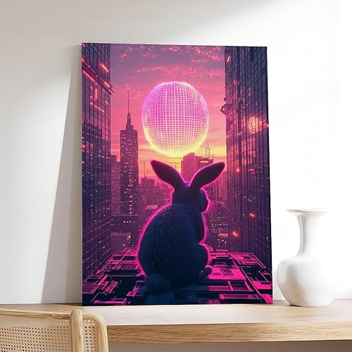 Miniatura 7 de Retro Futuristic Easter Wall Art  Neon Bunny with Cyber Egg  Synthwave 80s Sci-Fi Cityscape Poster  Unique Easter Decor & Gift for Vaporwave Fans