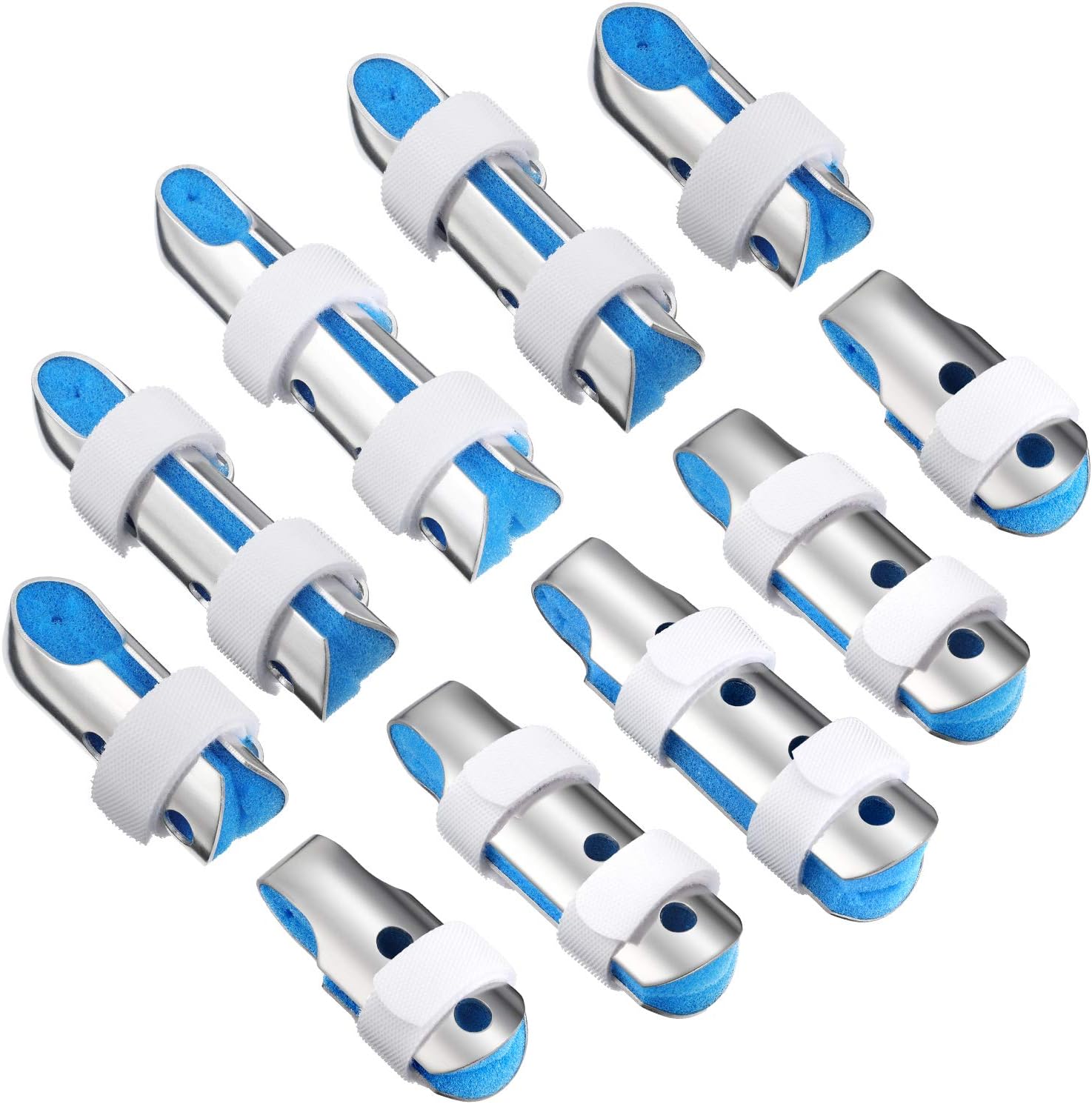 BBTO 10 Pieces Finger Splints Metal Padded Support Finger Stabilizer with Soft Foam Interior and Loop Straps, 3 Sizes(10 Pieces,Blue)