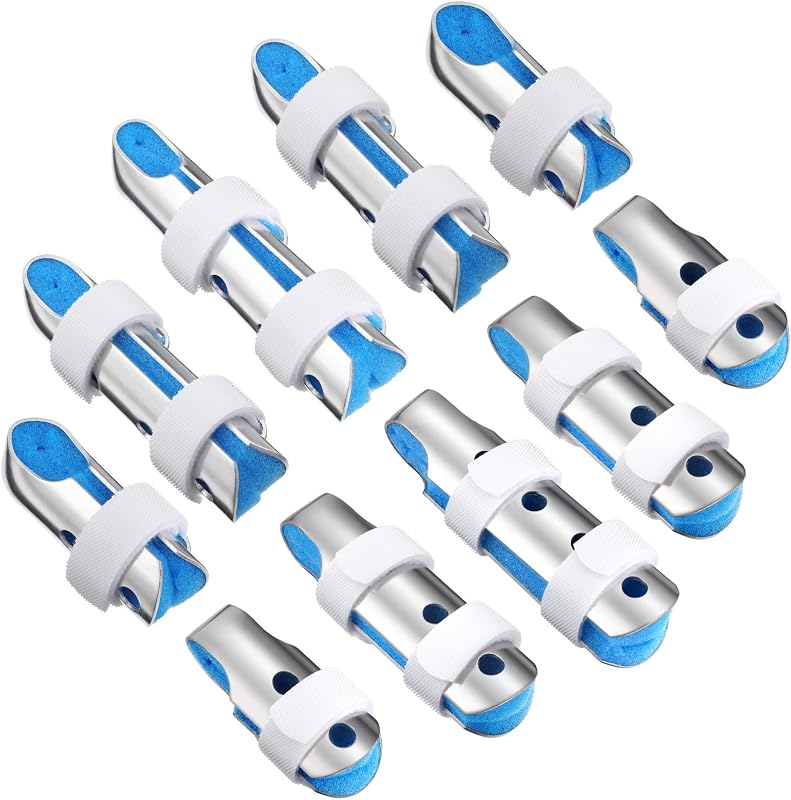 BBTO Finger Splints Metal Padded Support with Foam, 10 Pieces, Blue | for Pointer Pinky Thumb Injuries Mallet Support, 3 Sizes Adjustable Loop Straps, Soft Foam Interior Padded Stabilizer