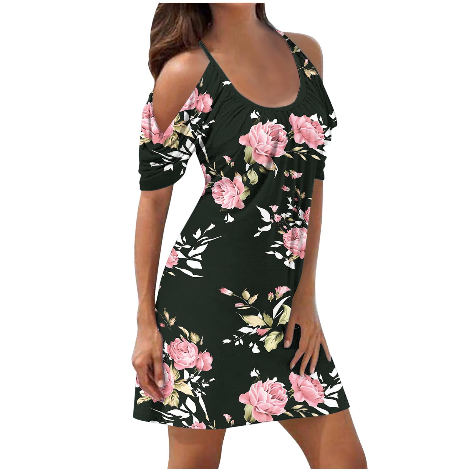 NUSGEAR 2024 Vestidos Corto para Mujer Vestido Verano Estampados Floral Moda Fiesta Casual Playa Sexy Vestidos un Hombro Manga Corta Cuello Redondo Suelto Elegante Vestidos de Noche Vacaciones Bohemio