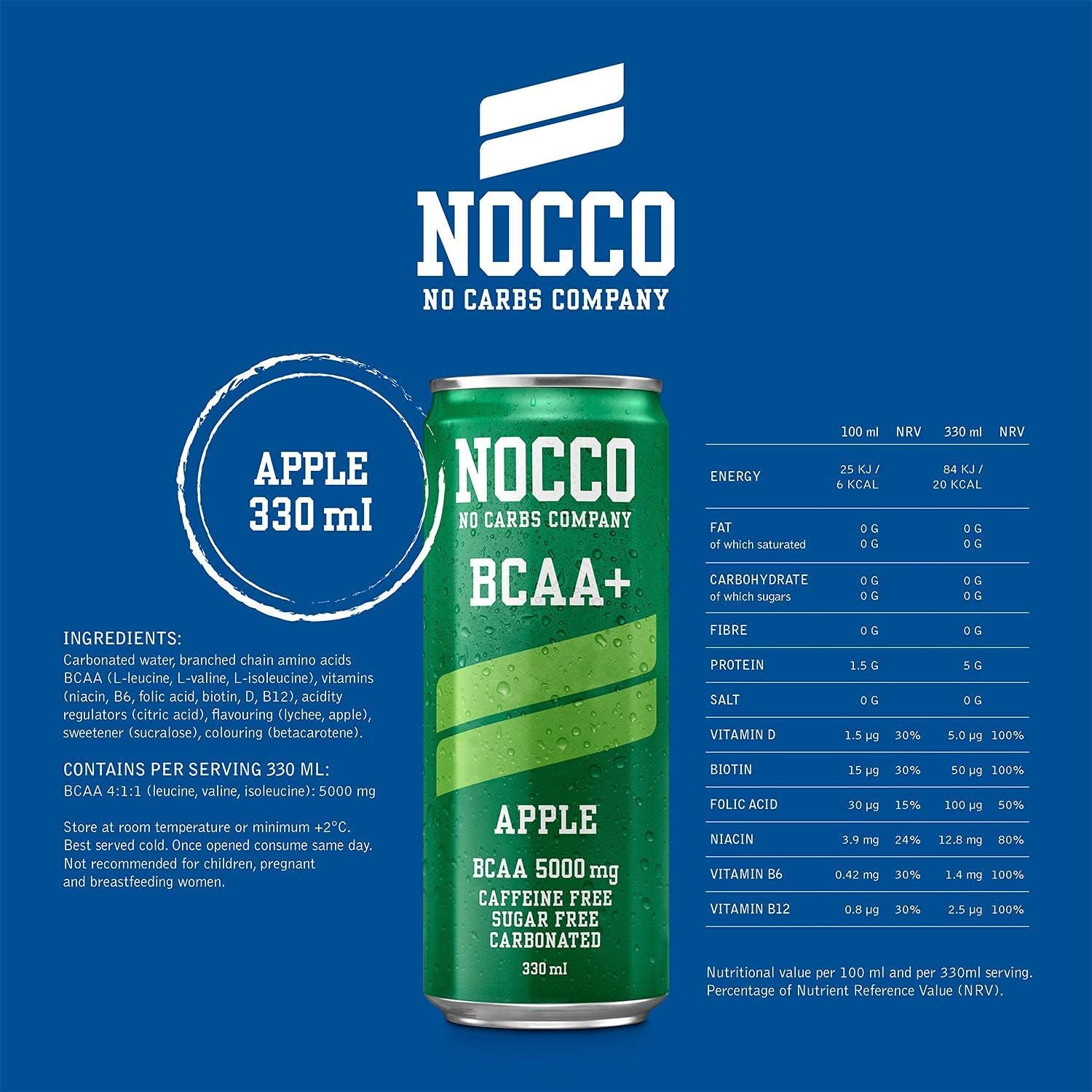 SORINA NOCCO BCAA manzana 24x330ml bebida de aminoácidos sin cafeína ni azúcar - bebida deportiva carbonatada para un mayor rendimiento y una mejor regeneración