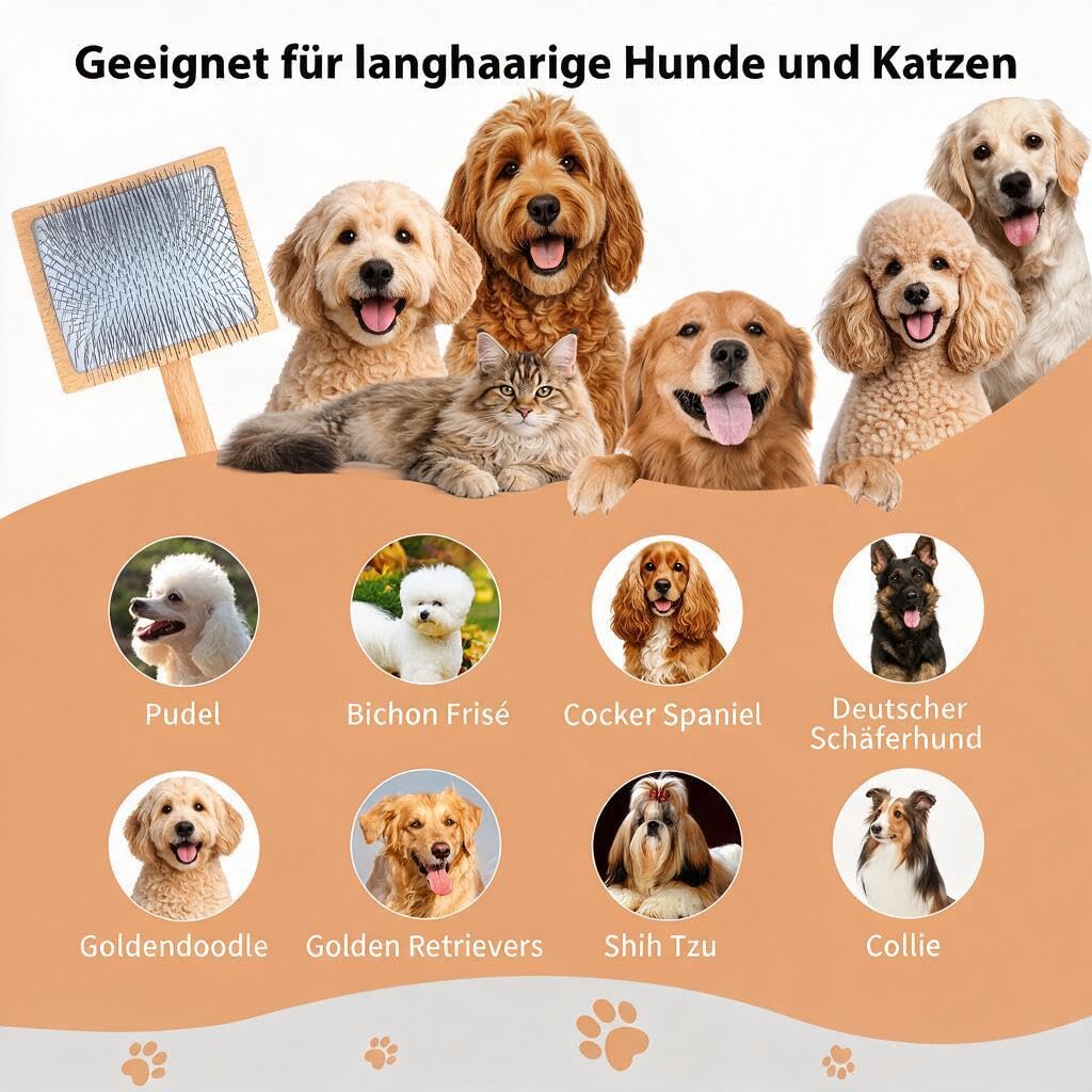 5-teiliges Hundepflege-Set – Große Slicker-Bürste mit langen Stiften für Doodles, Goldendoodles & Pudel – Hundebürste für lockiges Fell, Entfernt Verfilzungen & Knoten, Holzgriff – Holz