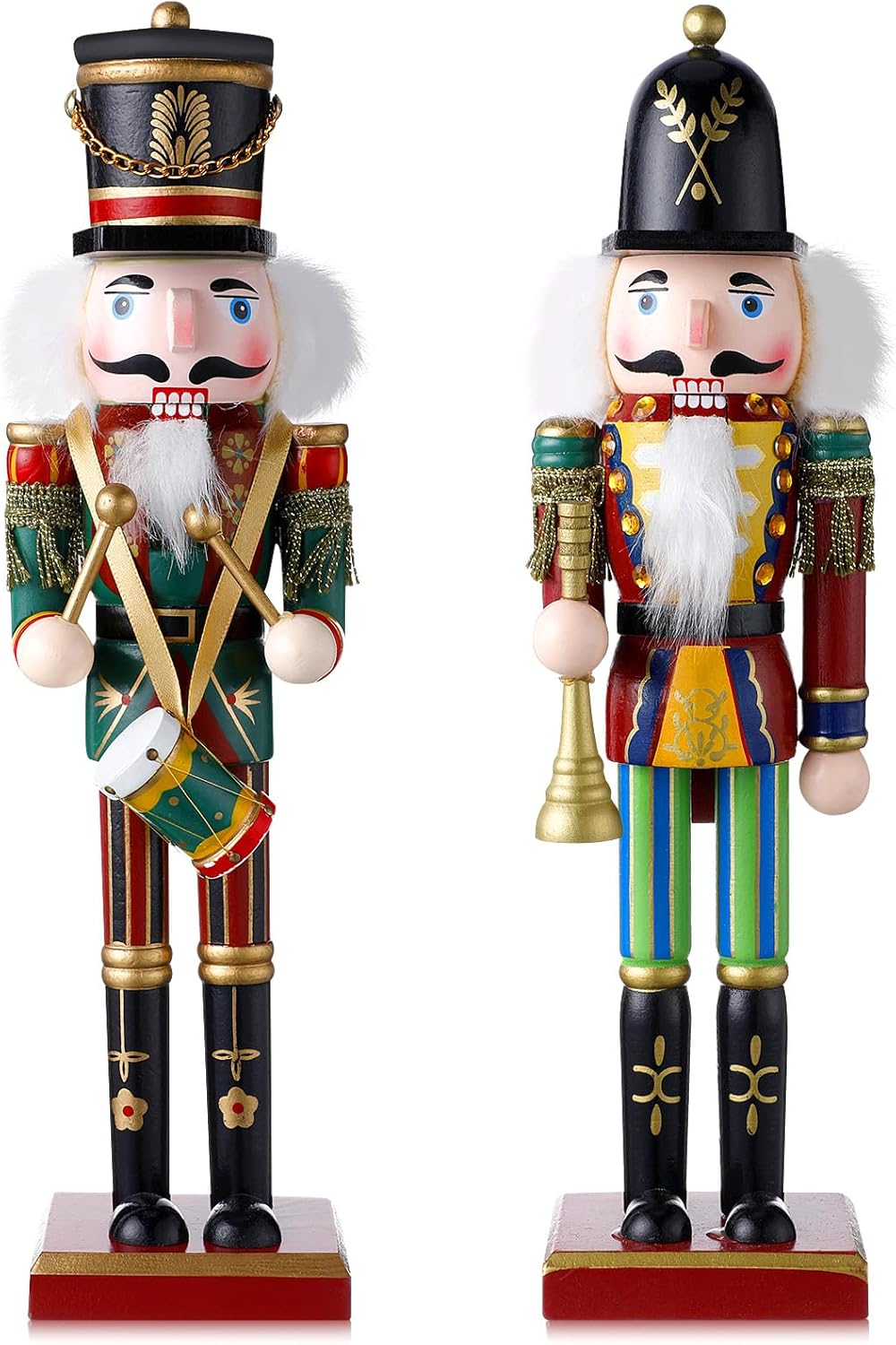 Huwena 2 Pcs Christmas Nutcracker Figure Decorations 12'' Traditional Painted Wooden Nutcracker Soldier Figure Decor Holiday Festive Party Gift for Xmas Home Office Mantel Table Decor(Drum and Horn)