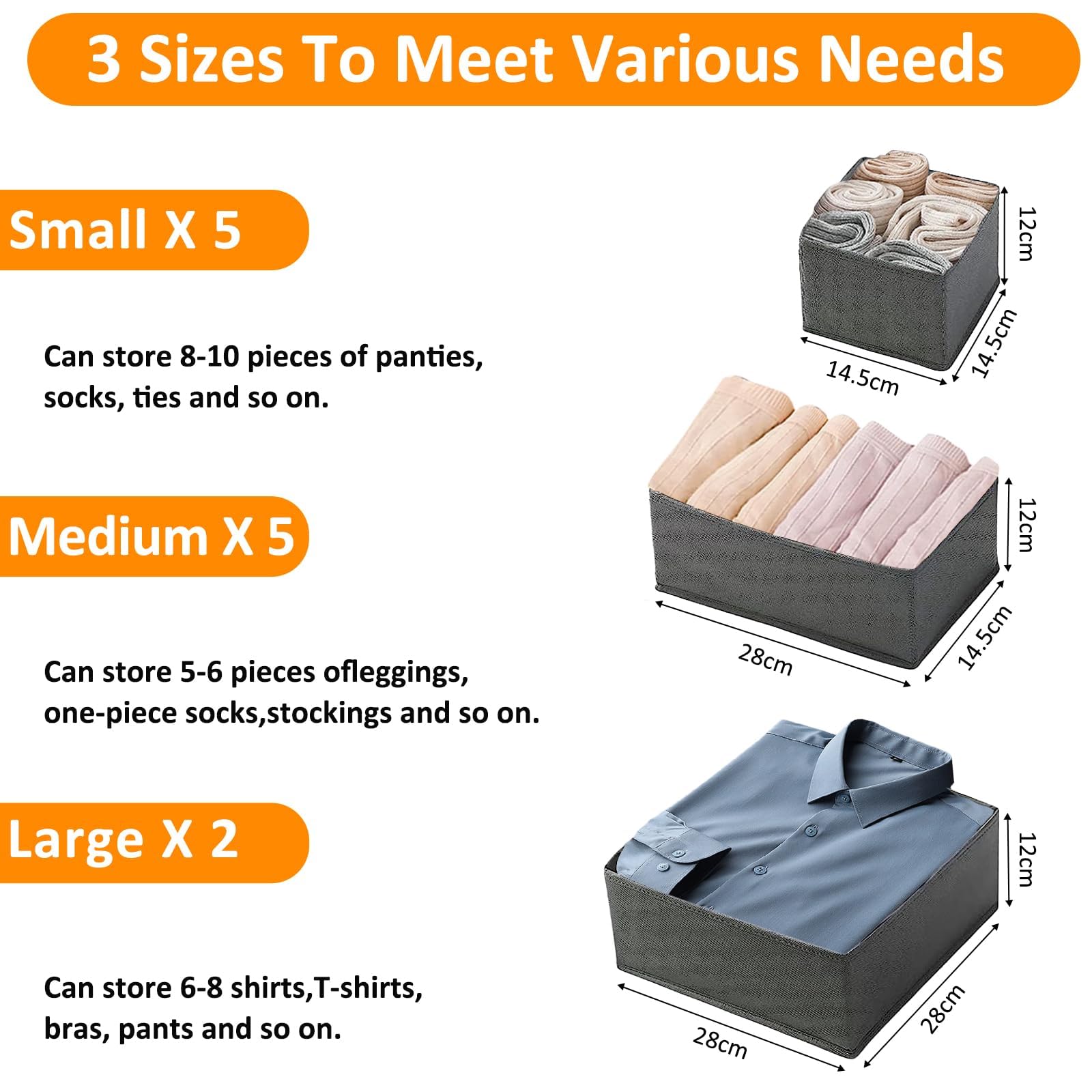 12 Pièces Organisateur Tiroir Vêtements Gris - Boîtes Rangement Pliable Non-Tissé