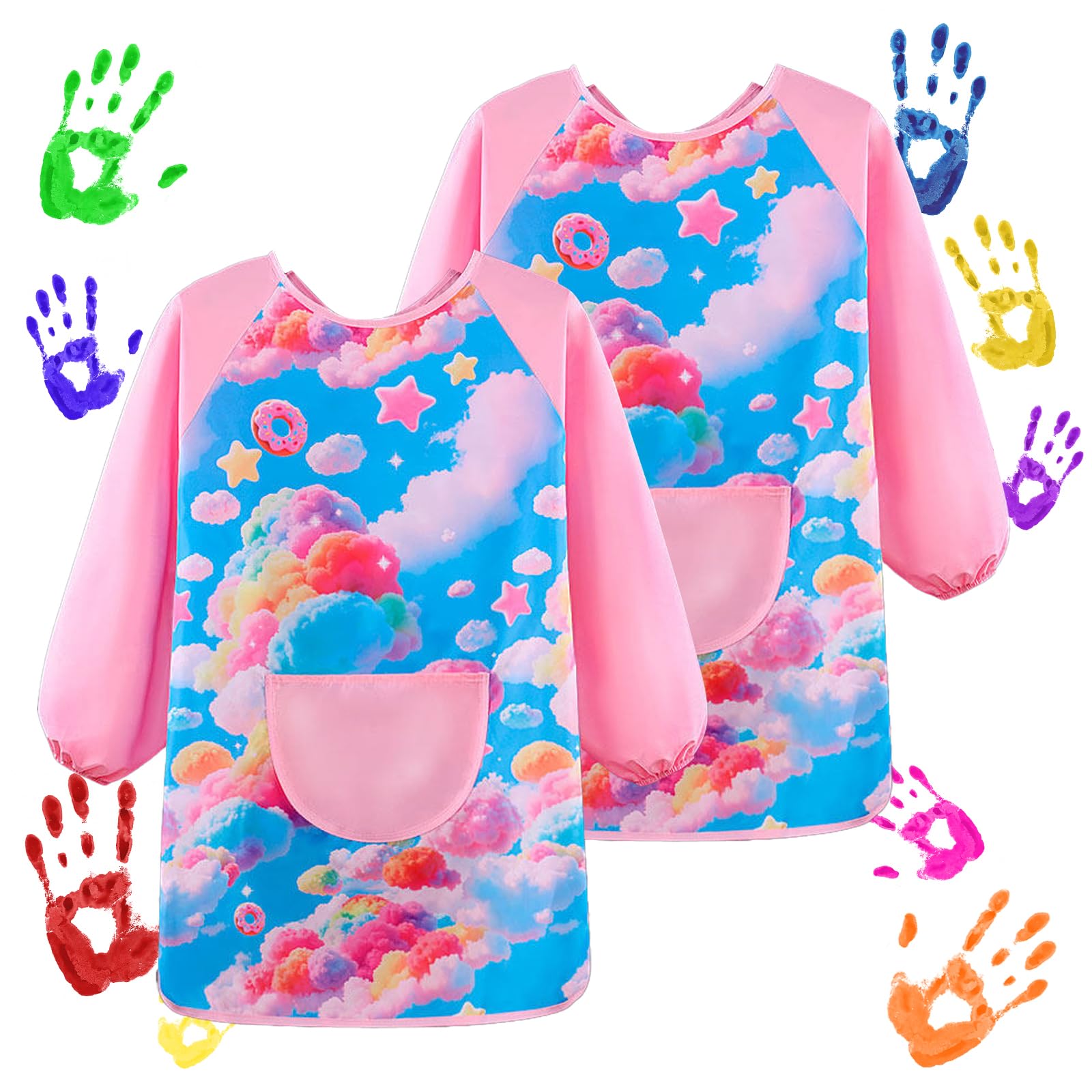COSBERY 2Pcs Kids Painting Apron for Age 7-12 Years, Waterproof Children's Art Craft Aprons with Large Pockets, Long Sleeve for Painting,Cooking,Eating, Lovely and Colourful Smocks