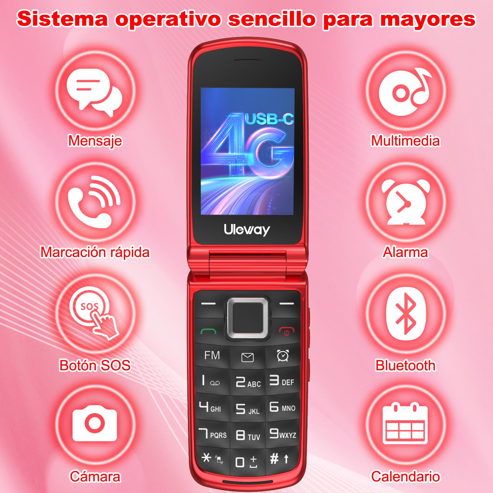 CHAKEYAKE 4G Telefono Movil para Mayores Libre con Teclas Grandes, Doble SIM Doble Pantalla LCD, Teléfono Móvil Personas Mayores con Botón SOS, Cable USB C | Batería 1000mah | Base Cargadora | Rojo