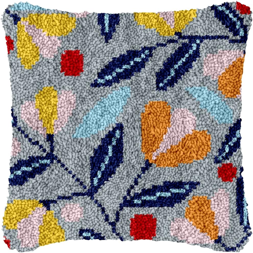 Latch Hook Kits Pillow Abstract Flower and Plant Printed Canvas Cushion Crochet Yarn Needlework Hook Latch DIY Kit Embroidery Pillowcase Rug Cover Home Sofa Christmas Decoration 43x43cm