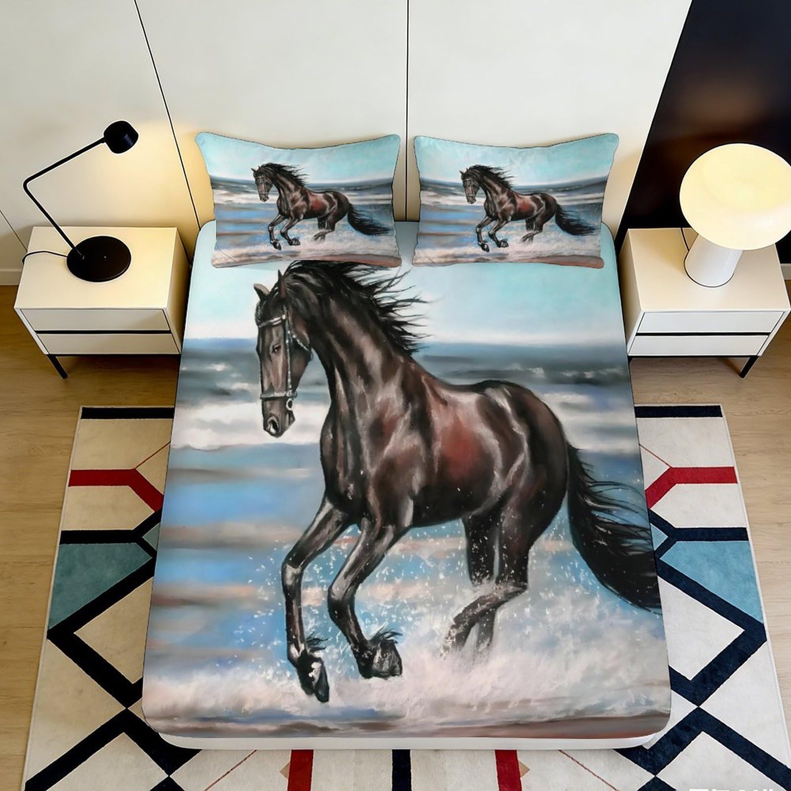 3D Printed Running Horse Fitted Sheet Microfiber Soft Brown Beach Horse Mattress Cover for Bedroom Guest Room Decor 90x200x25cm