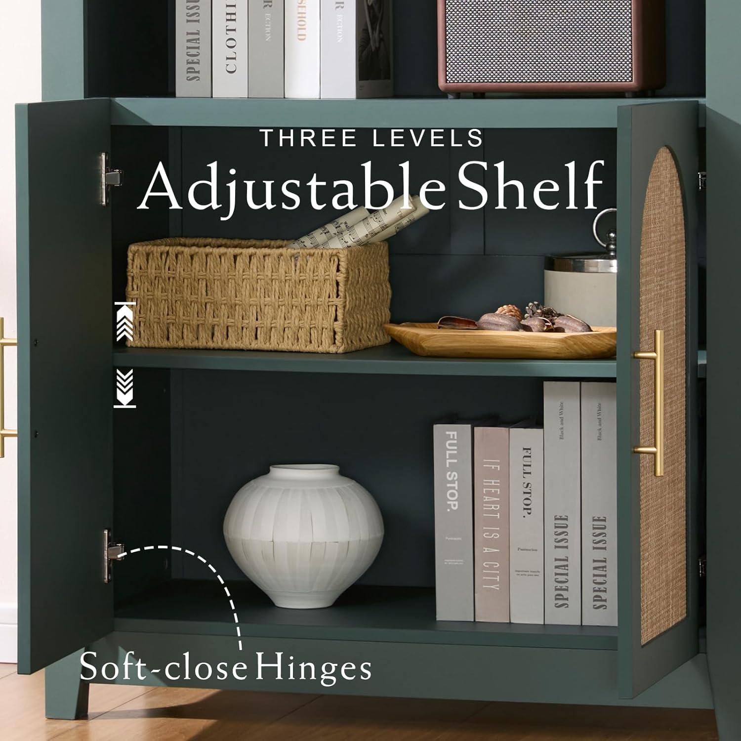 Rattan Arched Cabinet Bookshelf - 69.3” Tall Mid Century Display Cabinet, Rounded Bookcase with Rattan Doors, Open Shelf Storage for Dining Room (Green, 1 PC)