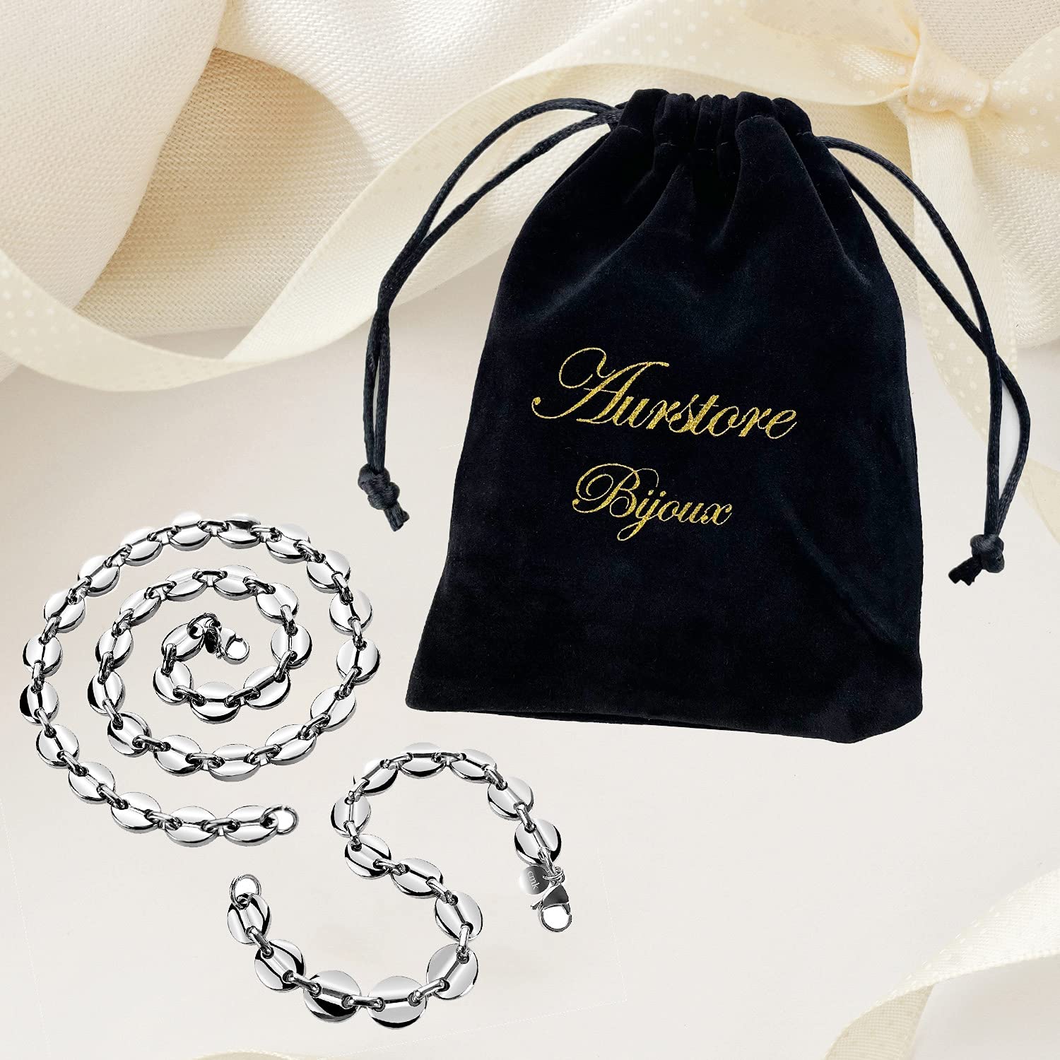 AURSTORE Ensemble, Parure Chaine 56cm et Bracelet 21cm en graine de café en Acier Inoxydable Homme (Argent, 11)