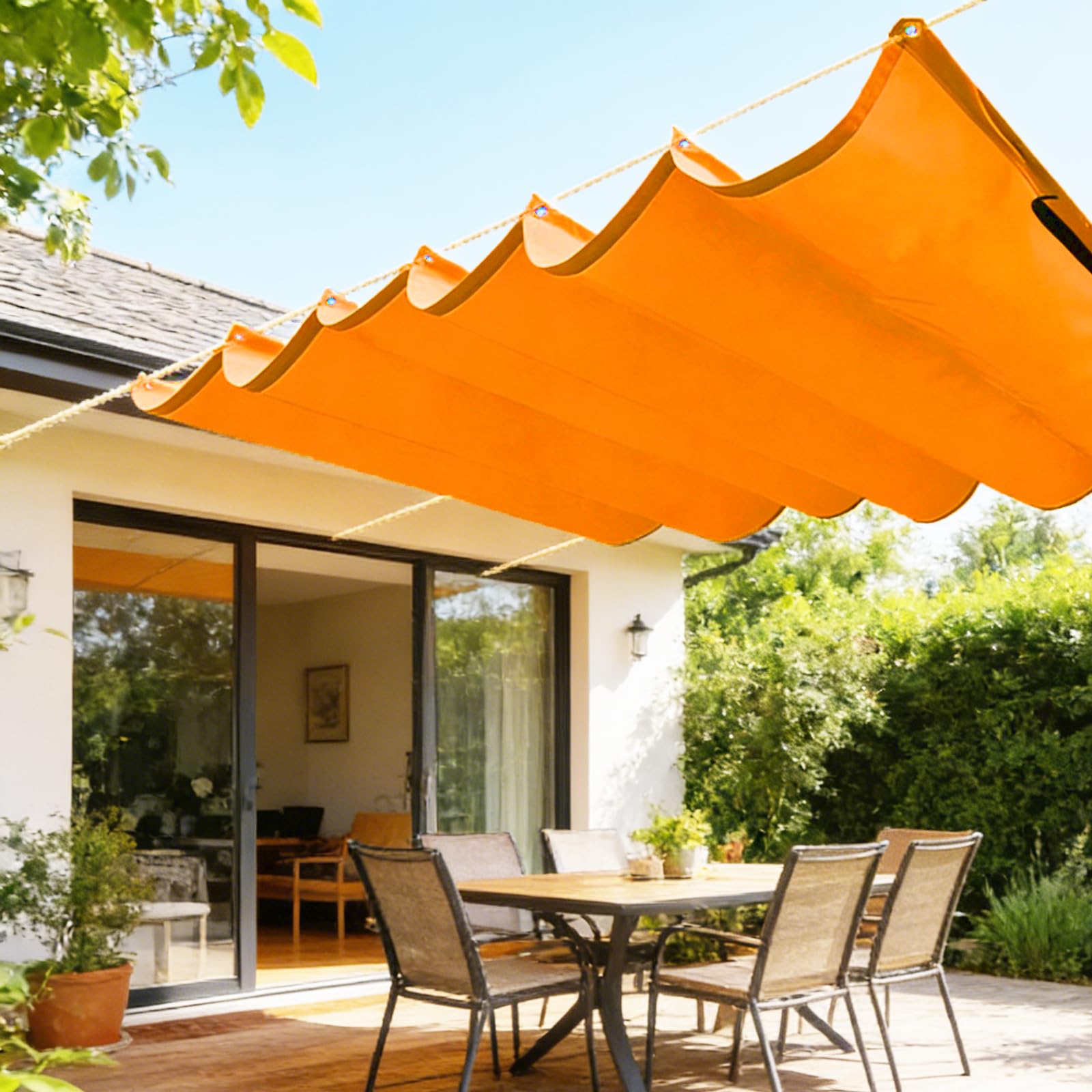 Sun Shade Sail Retractable Wave,Outdoor Water Resistant Retractable Wave Awning Canopy 98% UV Block,for Patio Garden Lawn,Rope Fixing-Orange||200x850cm
