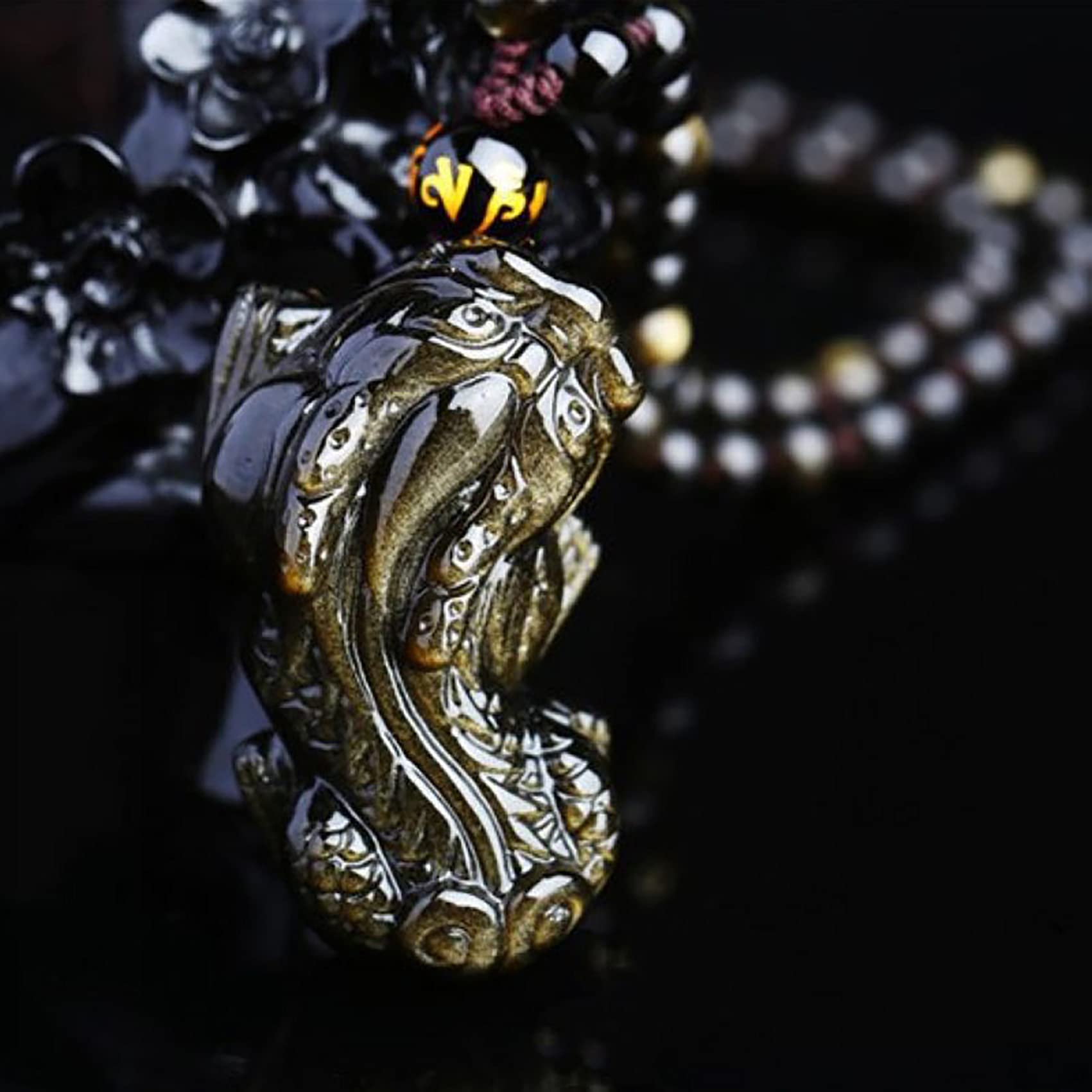 collana Feng Shui Fortunato Pixiu Ricchezza Naturale Ossidiana Dorata Ossidiana Nera Collana di Cristallo Protezione Talismano Prosperità Denaro Buona Fortuna for Donna Uomo Gioielli, Corda Normale (