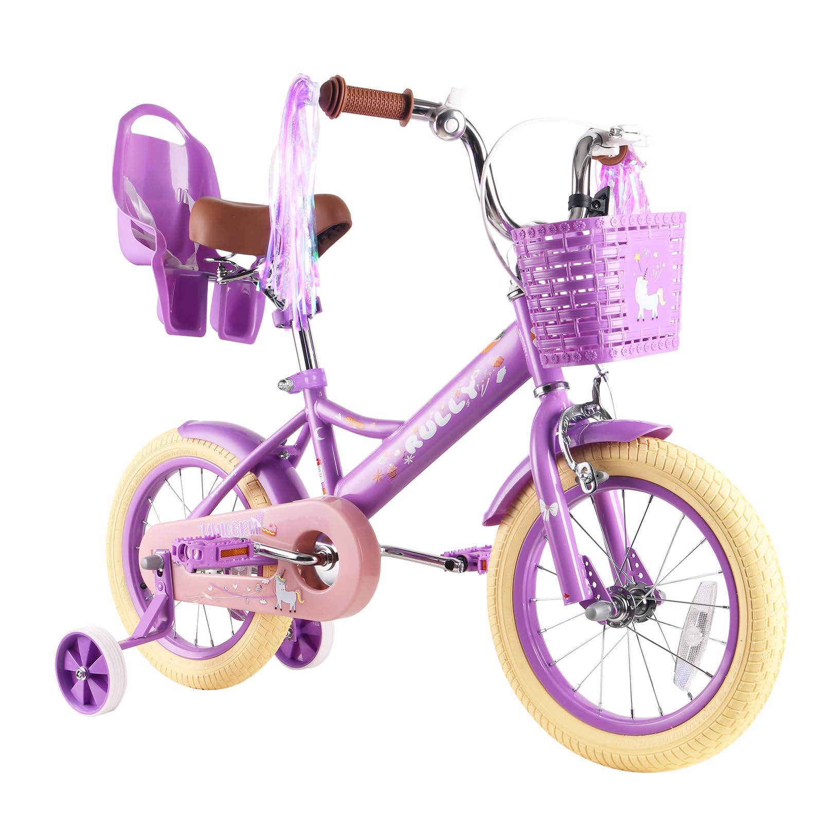 RULLY Vélo Enfant de 16 Pouces pour Filles de 4 à 7 Ans avec Roues stabilisatrices, Frein Avant, Panier, Rubans décoratifs, Violet