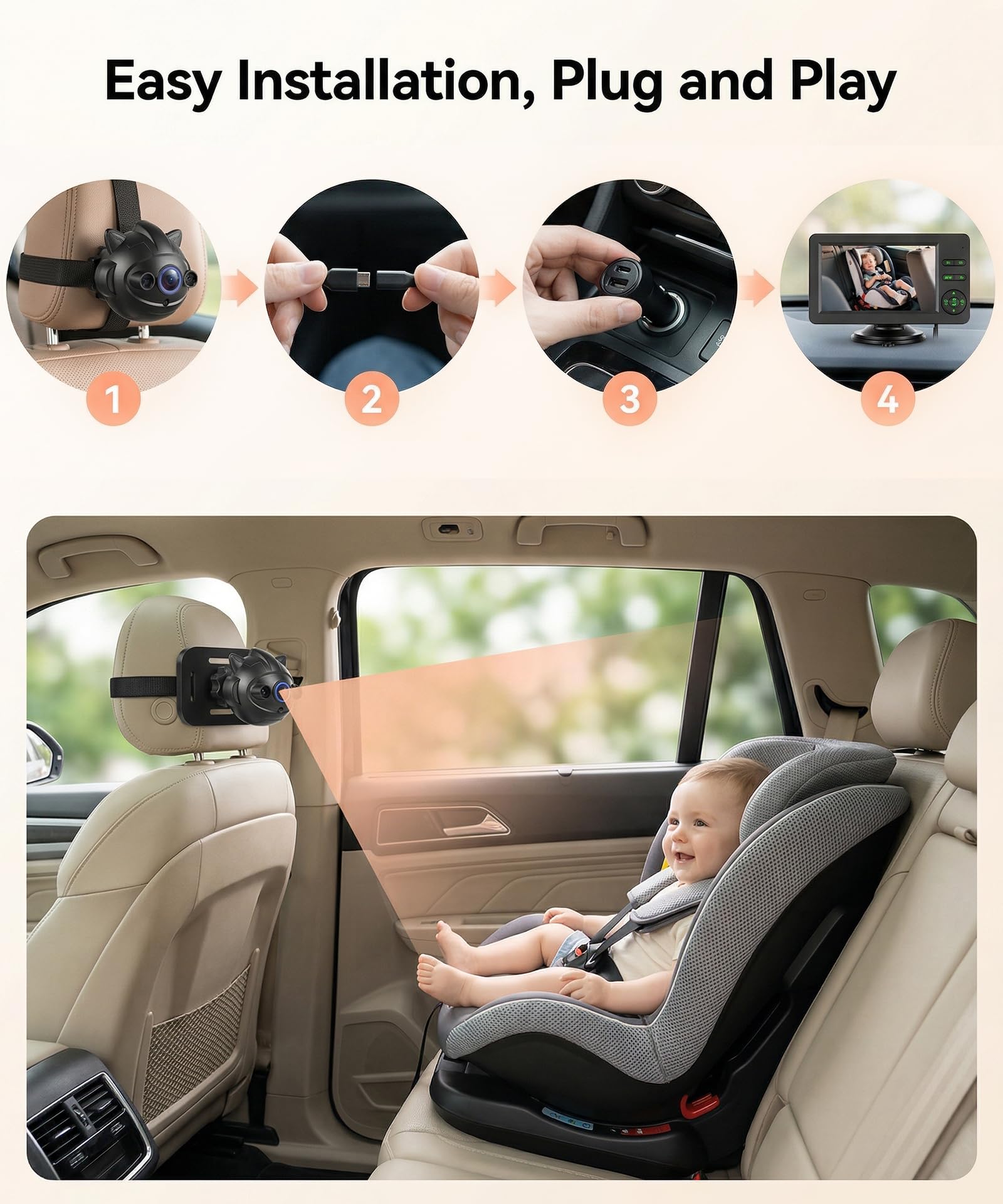 Rimoody Telecamera per Auto per Bambini per Sedile Posteriore, 4.3 Pollici Schermi, Specchio Retrovisore per Seggiolino Auto con Visione Notturna IR, Vivavoce Bluetooth & Musica, Luci a Sette Colori