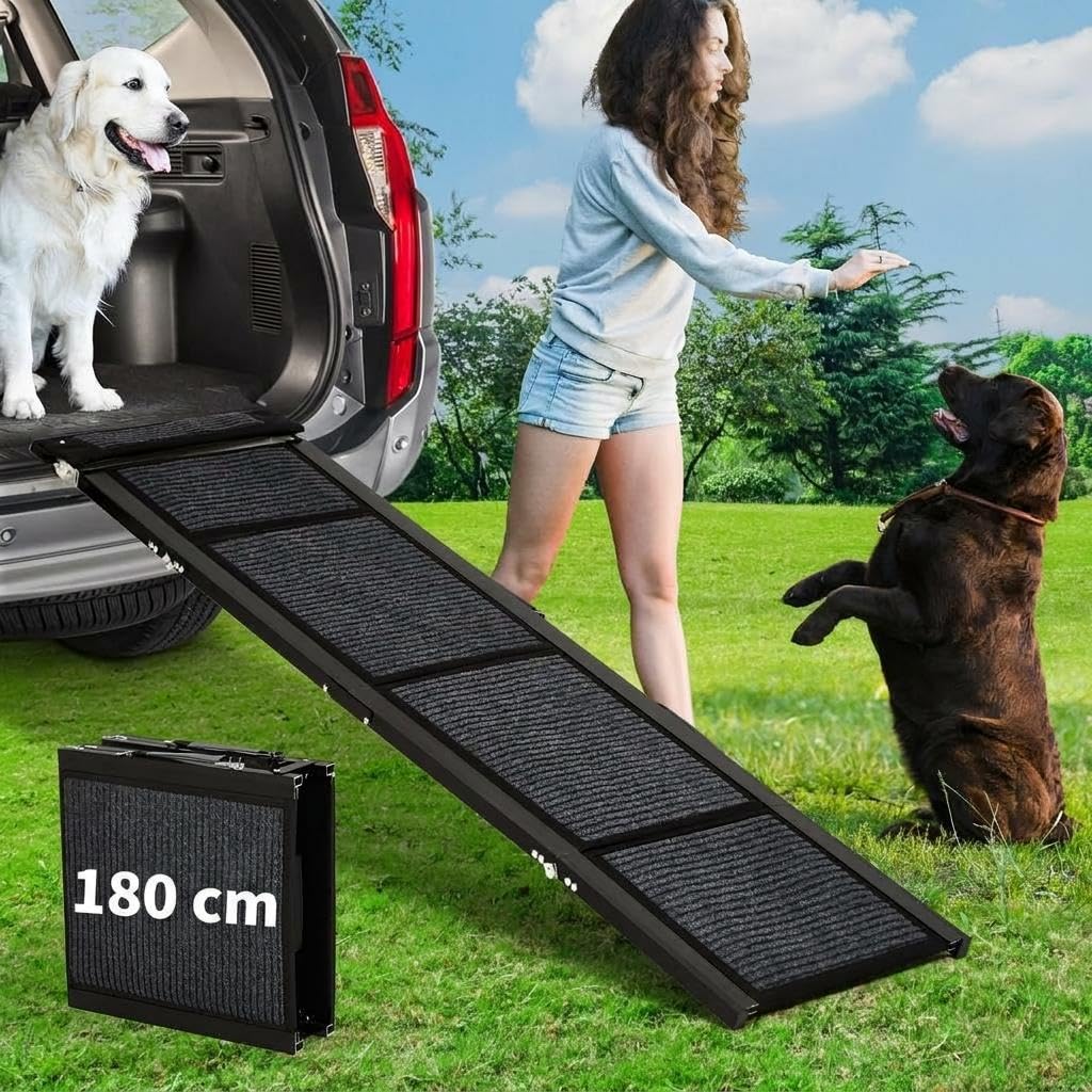 Folding Dog Car Ramp, 71in Extra Long Anti-Slip Pet Ramp with 250LBS Load Capacity, Portable 4-Fold Dog Ramp for SUV, Truck, Large, Old and Injured Dogs, Protect Joints with Gentle Slope