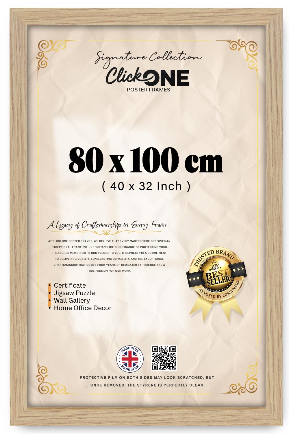 Click One — Sophisticated Oak Frame (40 X 32 Inch) With Clear Perspex Front | Showcase Art And Photos With Clean Profile, Gallery Mounting, Anti Glare For Modern Art Spaces — Includes Hanging Kit
