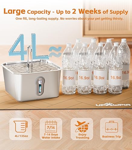 Miniatura 5 de Fuente de agua para gatos de acero inoxidable de 135 oz4 L, fuente de agua para mascotas, mascotas, perros, animales pequeños, dispensador