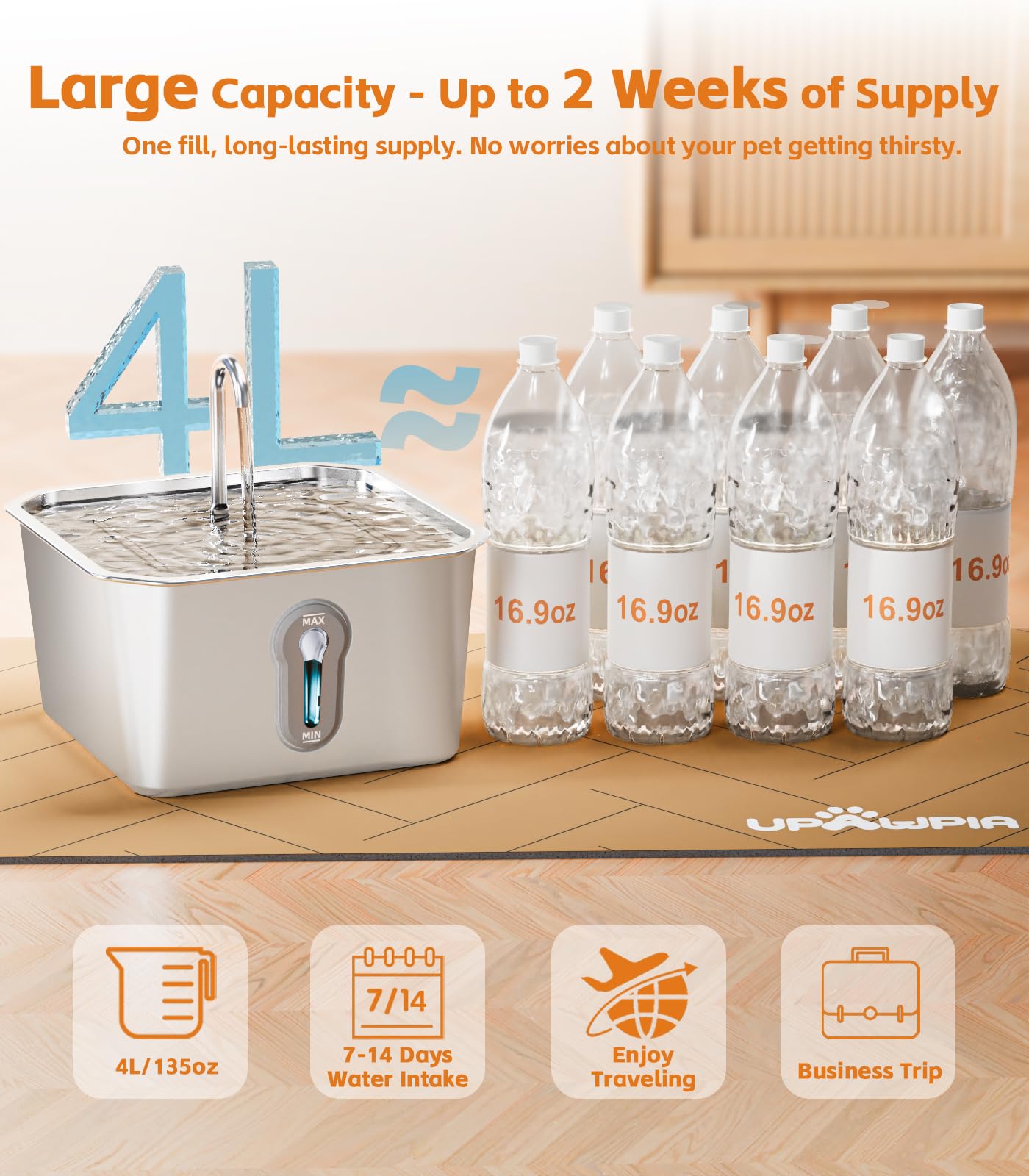 4L/135oz Large Cat Water Fountain Stainless Steel with 8 Filters Pet Water Fountain for Cats Quiet Indoor Pets Dog Small Animal Automatic Dog Water Dispenser for Drinking Watering Supplies - image 6