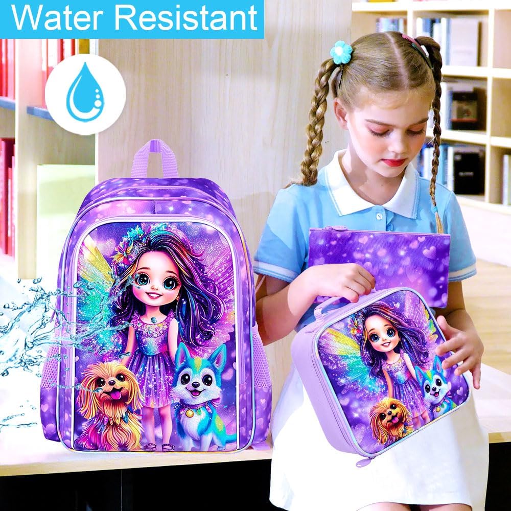 16" Dog Backpack for Girls, 3Pcs Kids Backpacks with Lunch Box, School Bookbag for Elementary Preschool Kindergarten (Purple)
