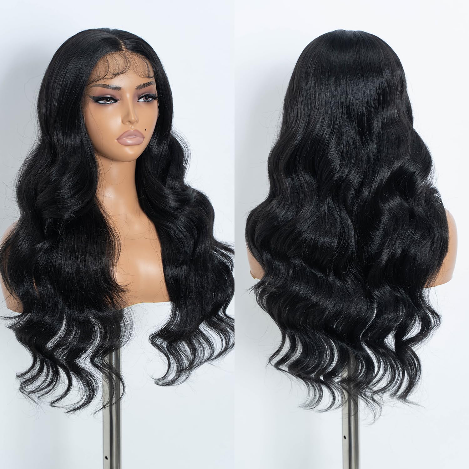 Style Icon Long Black Body Wave Synthetic Lace Front Wigs 26 inches T Part Wig for Women Pre Plucked for Daily Party Cosplay (1B)