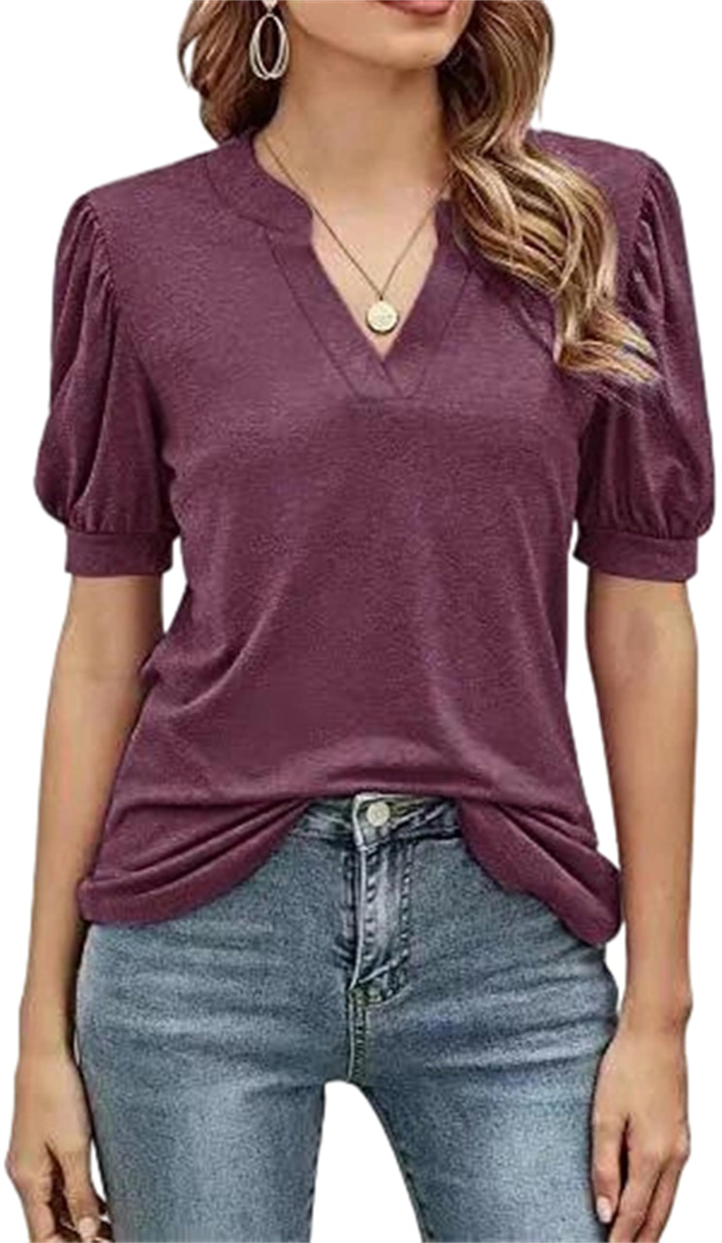 Adhdyuud Damenbluse mit V-Ausschnitt, kurzärmelig, Puffärmel, strukturiert, lockere Passform, lässig, Sommer, Hemdbluse