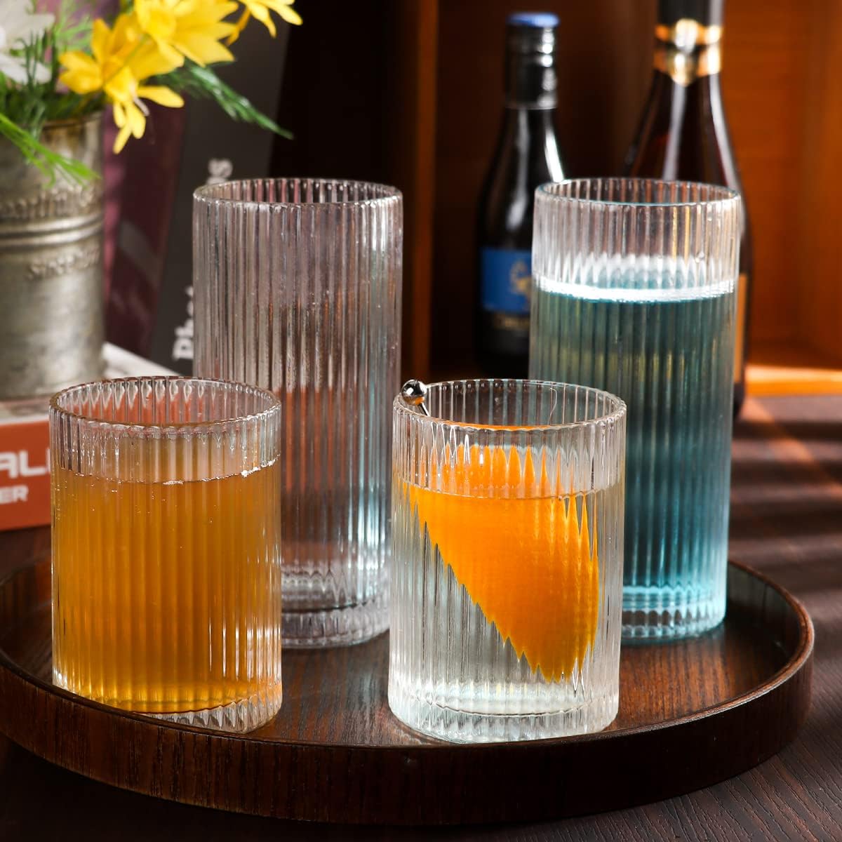8 Pack Drinking Glasses, 4pcs Highball Glasses & 4pcs Rocks Glasses, Clear Vintage Glassware Set of 8, Premium Glass Tumbler (Style B: 15oz+9oz)