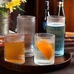 8 Pack Drinking Glasses, 4pcs Highball Glasses & 4pcs Rocks Glasses, Clear Vintage Glassware Set of 8, Premium Glass Tumbler for Cocktail, Whiskey, Juice (Style B: 15oz+9oz)