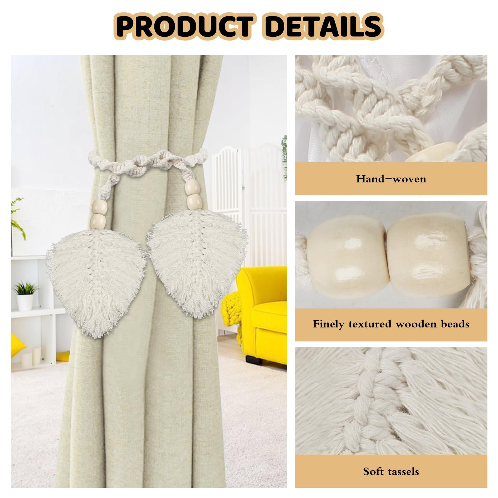 NVGVUP 4 Pack Boho Curtain Tie Backs, Beige Tie Backs for Curtains Cotton Hand Woven Rope Curtain Holdbacks for Home Office - Image 3
