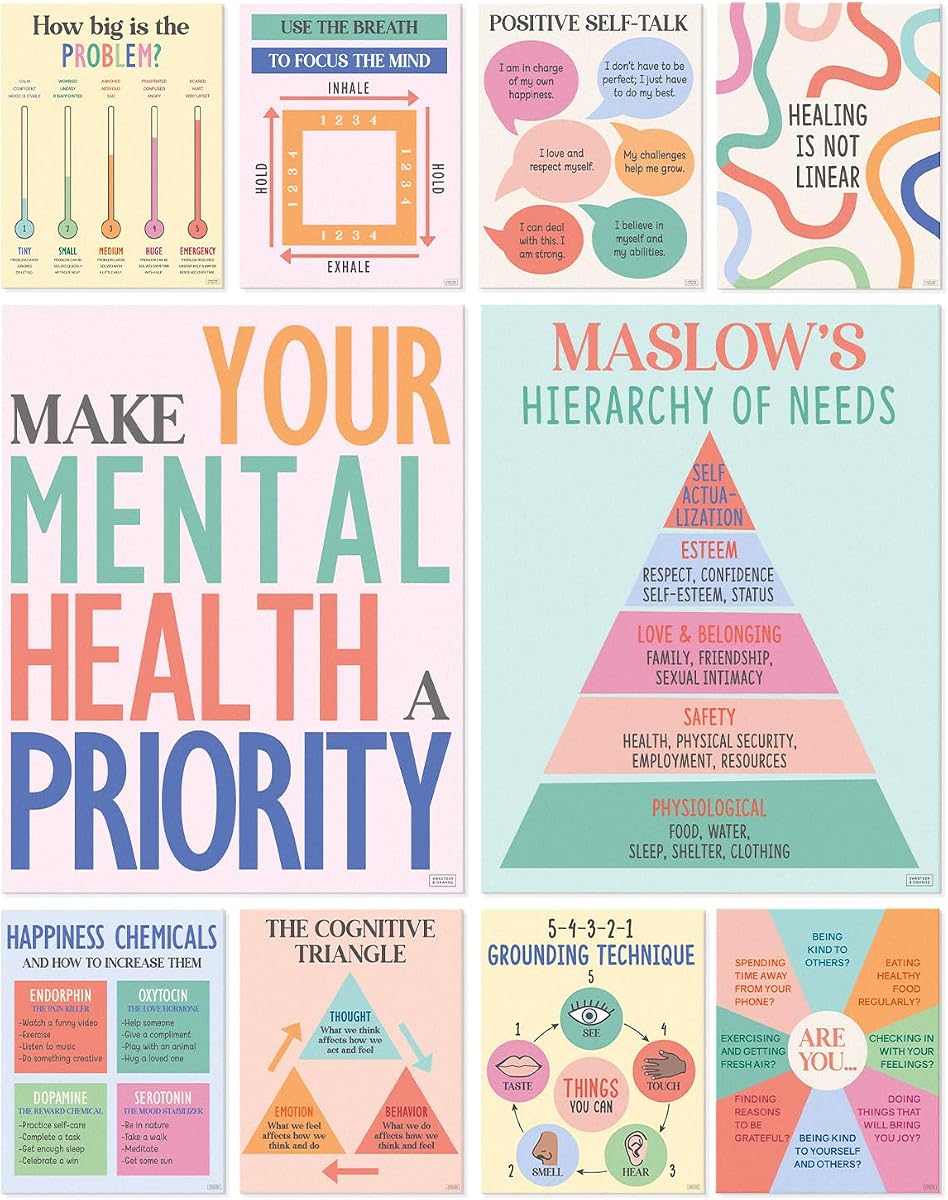 Pósteres de salud mental de S&O para oficina y escuela, decoración de oficina de terapia, decoración de arte de pared de asesoramiento y concienciación, citas inspiradoras de mentalidad de crecimiento, suministros para consejeros de la academia de aula, 10 unidades