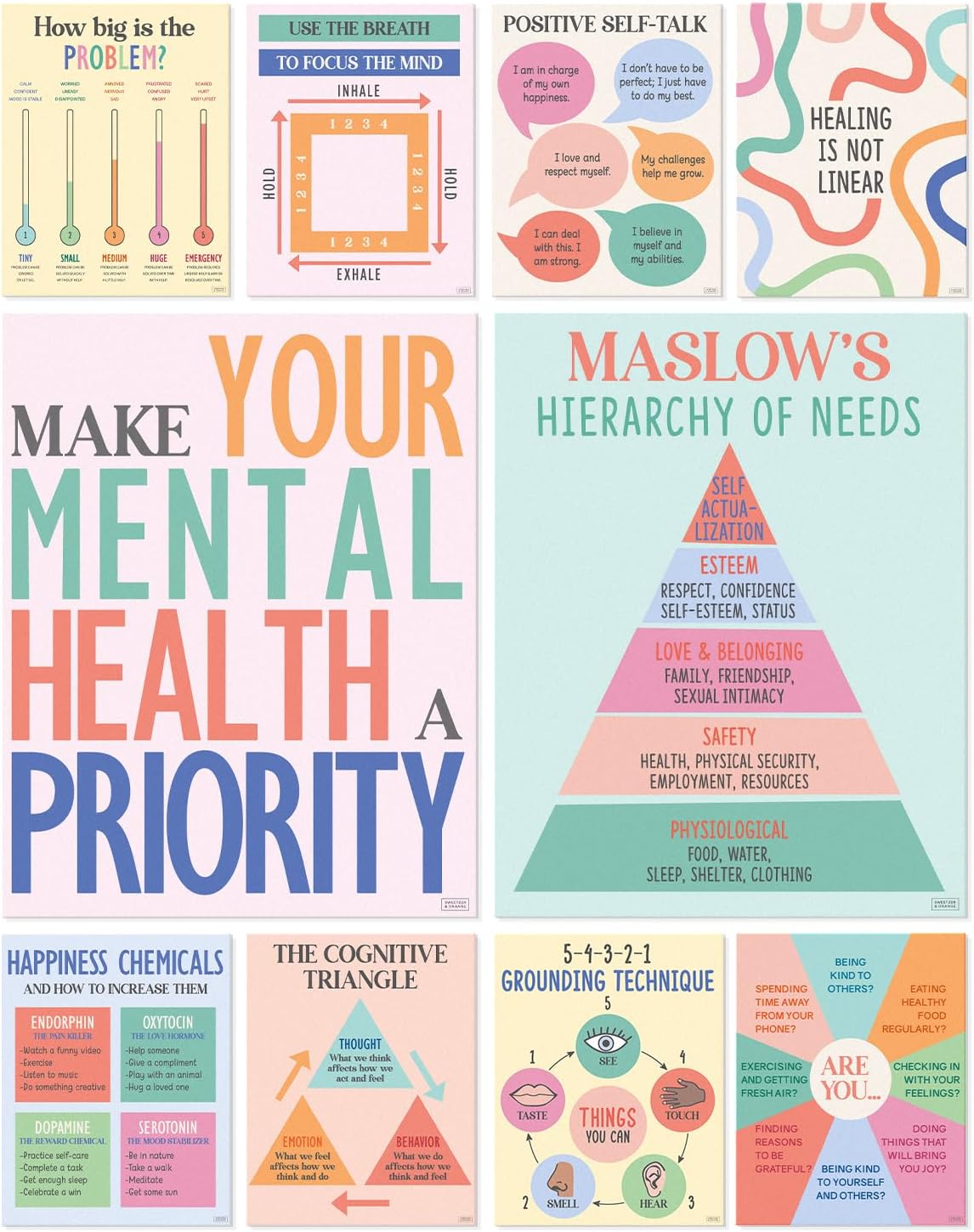 Sweetzer&Orange Mental Health Posters for Office & School, Therapy Office Decor, Counseling and Awareness Wall Art Decorations, Growth Mindset Inspirational Quotes, Academy Counselor Supplies, 10PC