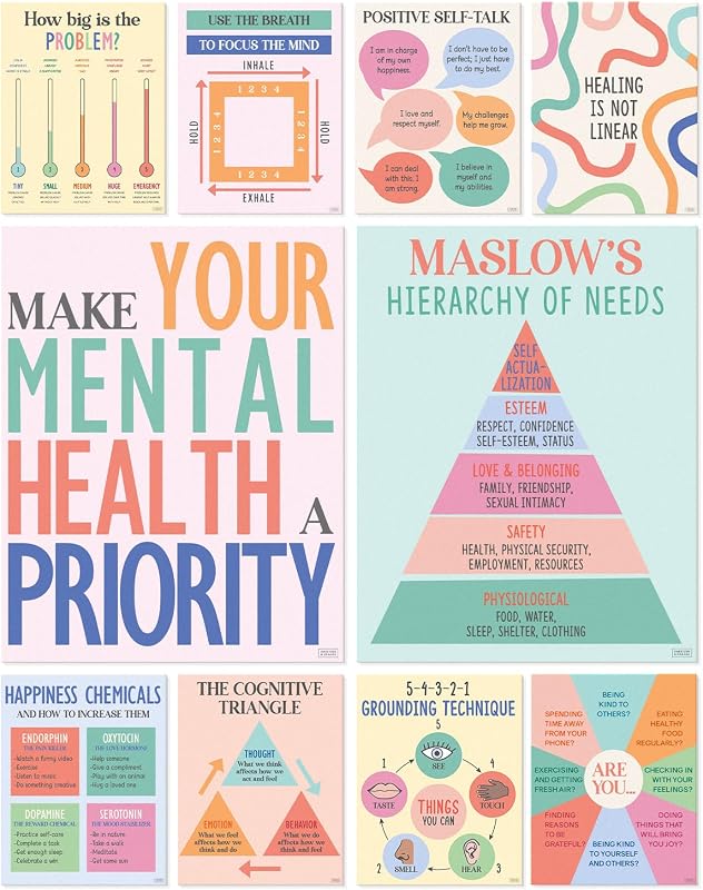 Pósteres de salud mental de S&O para oficina y escuela, decoración de oficina de terapia, decoración de arte de pared de asesoramiento y concienciación, citas inspiradoras de mentalidad de crecimiento, suministros para consejeros de la academia de aula, 10 unidades