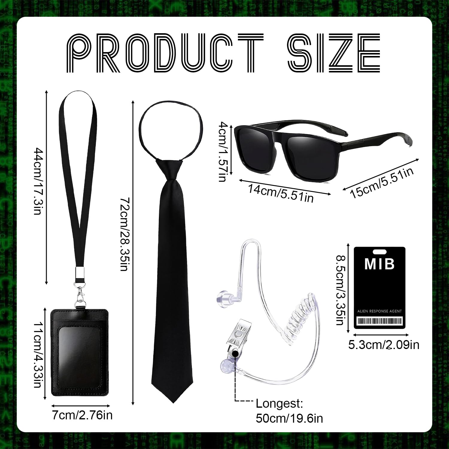 RenSton 5 PCS Agent Costume Accessories, Men in Black Costume with Glasses Necktie Earpiece ID Badge Card Lanyard - Image 2