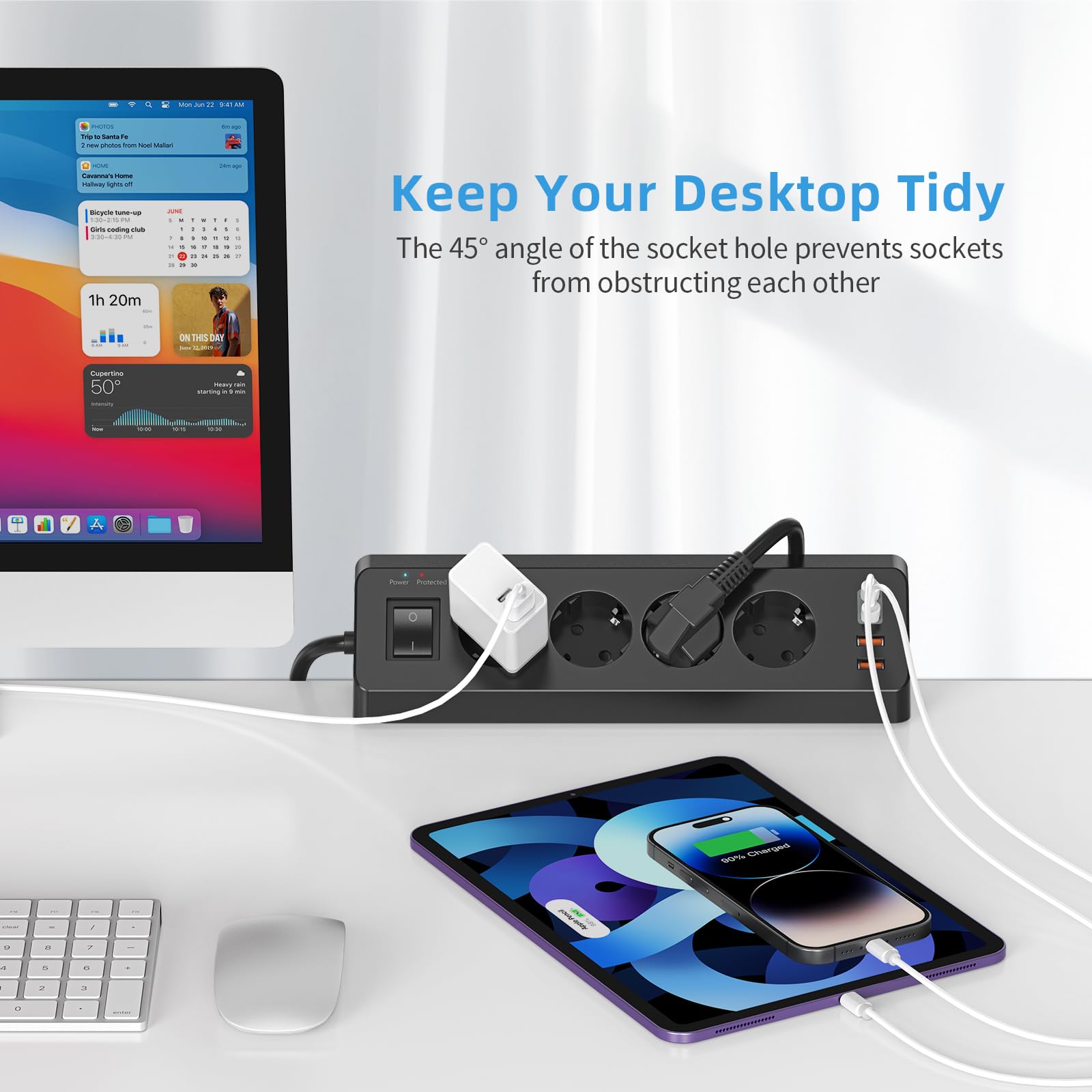 Gniazdo wtykowe stołowe z USB C (PD 20 W), listwa zasilająca 8 w 1, biurko z przełącznikiem, 4 wtyki, 4 gniazda USB, ochrona przed przepięciem, kabel 2 m, do domu, biura (czarne)