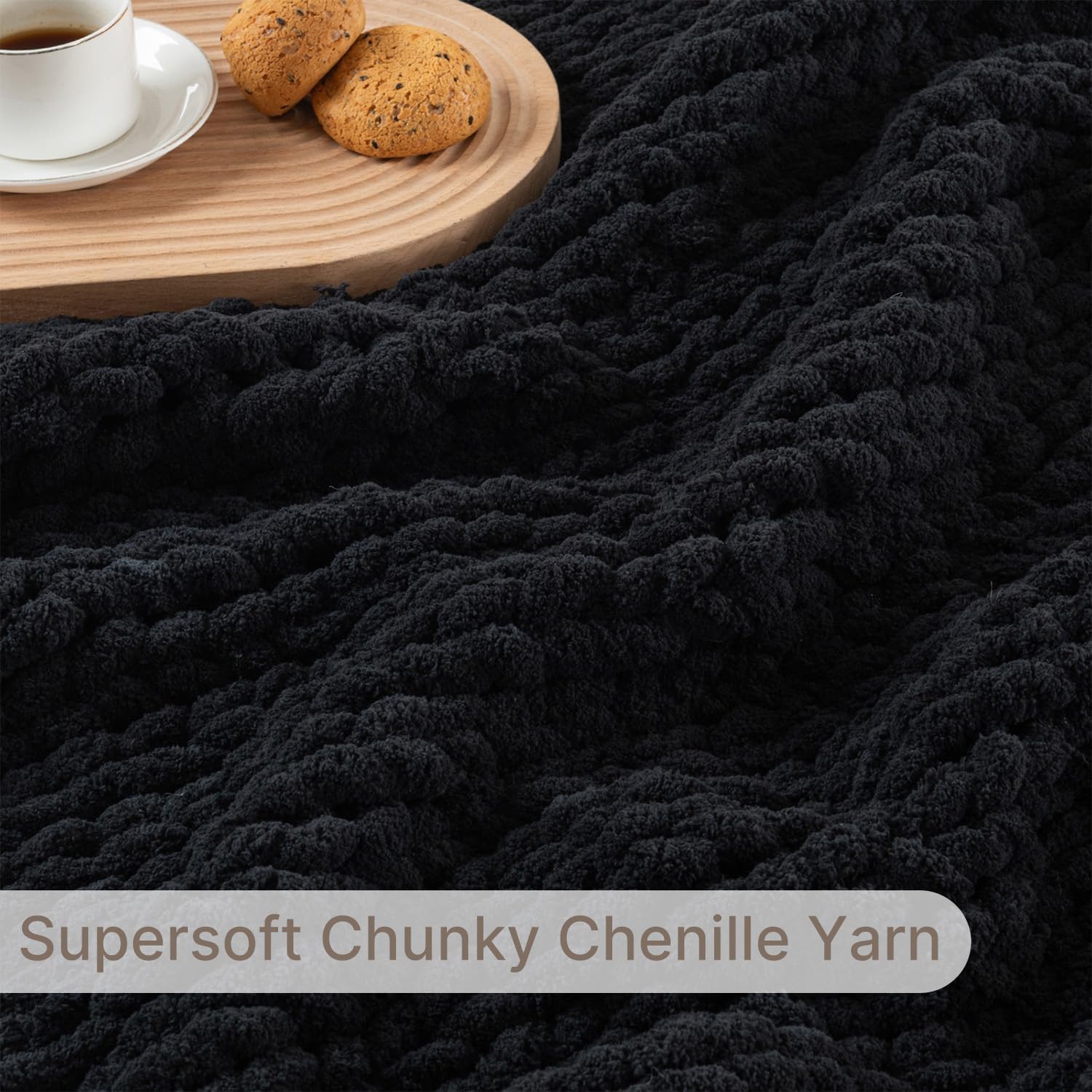 Chunky Knit Blanket Throw, 100% Hand Knit Throw Blanket Handmade Chenille Cable Knit Throw for Couch, Stylish Cozy Soft Rope Knot Crochet Blanket for Home Decor, Black, 50x60 Inches - Image 8