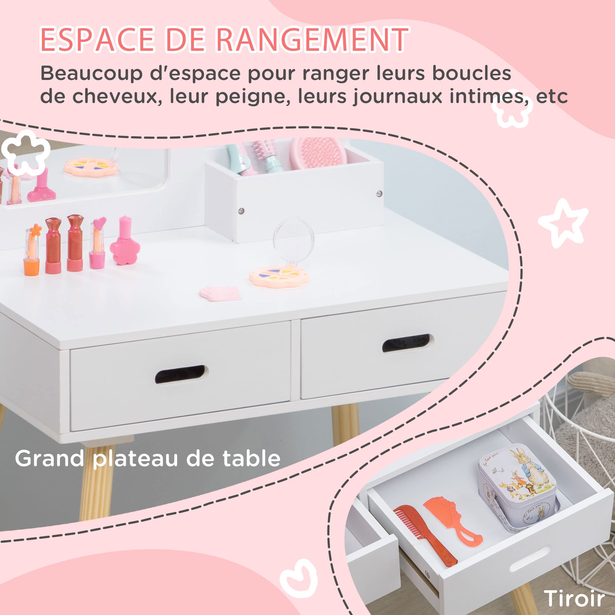 ZONEKIZ Coiffeuse Enfant Table de Maquillage avec Tabouret Miroir et 2 tiroirs 3 à 6 Ans - 60 x 40 x 95 cm - Blanc et Bois