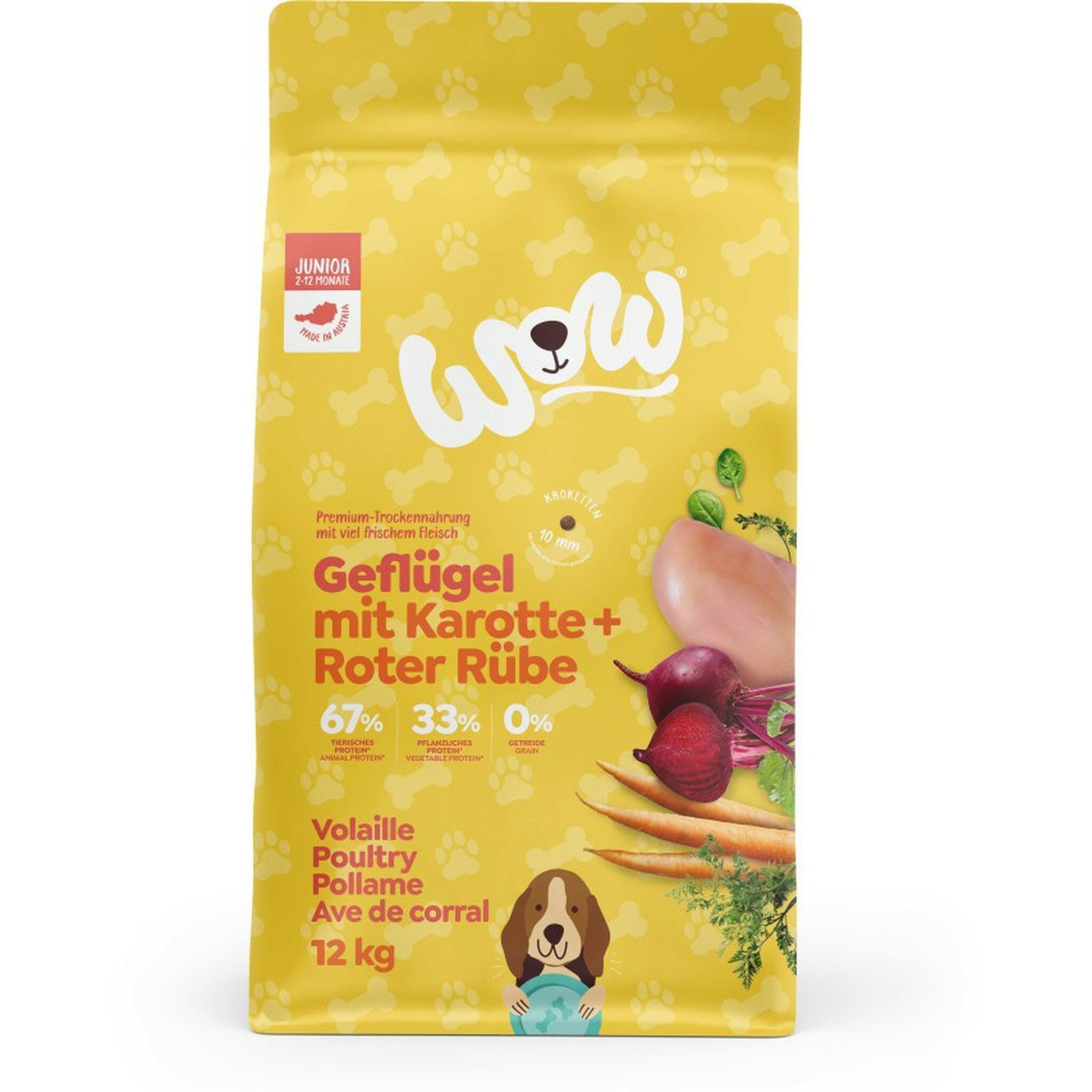 WOW Trockenfutter Junior mit Geflügel, 12kg I Hundetrockenfutter für Welpen Aller Rassen I Beste Qualität mit viel Fleisch, Karotte & roter Rübe I getreidefrei & hohe Verträglichkeit