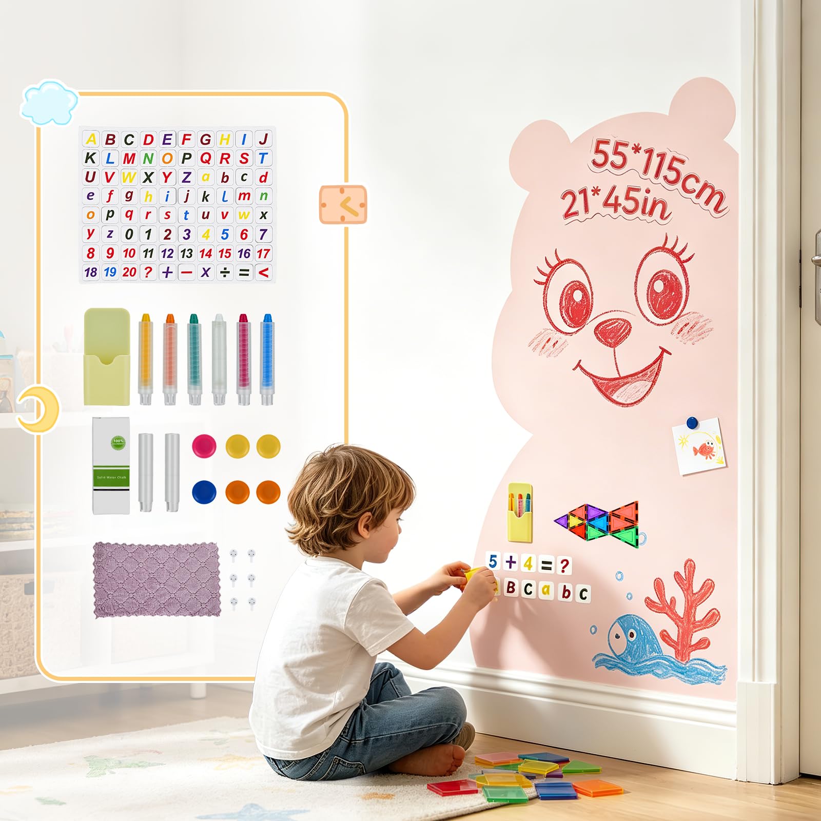 Magnetischer Wandaufkleber für Kinder, 115 x 55 cm Magnetischer Kreidetafel-Aufkleber, Magnetische Kreidetafel für die Wand, Abziehen und Aufkleben, Selbstklebende Tafel für Zuhause Klassenzimmer